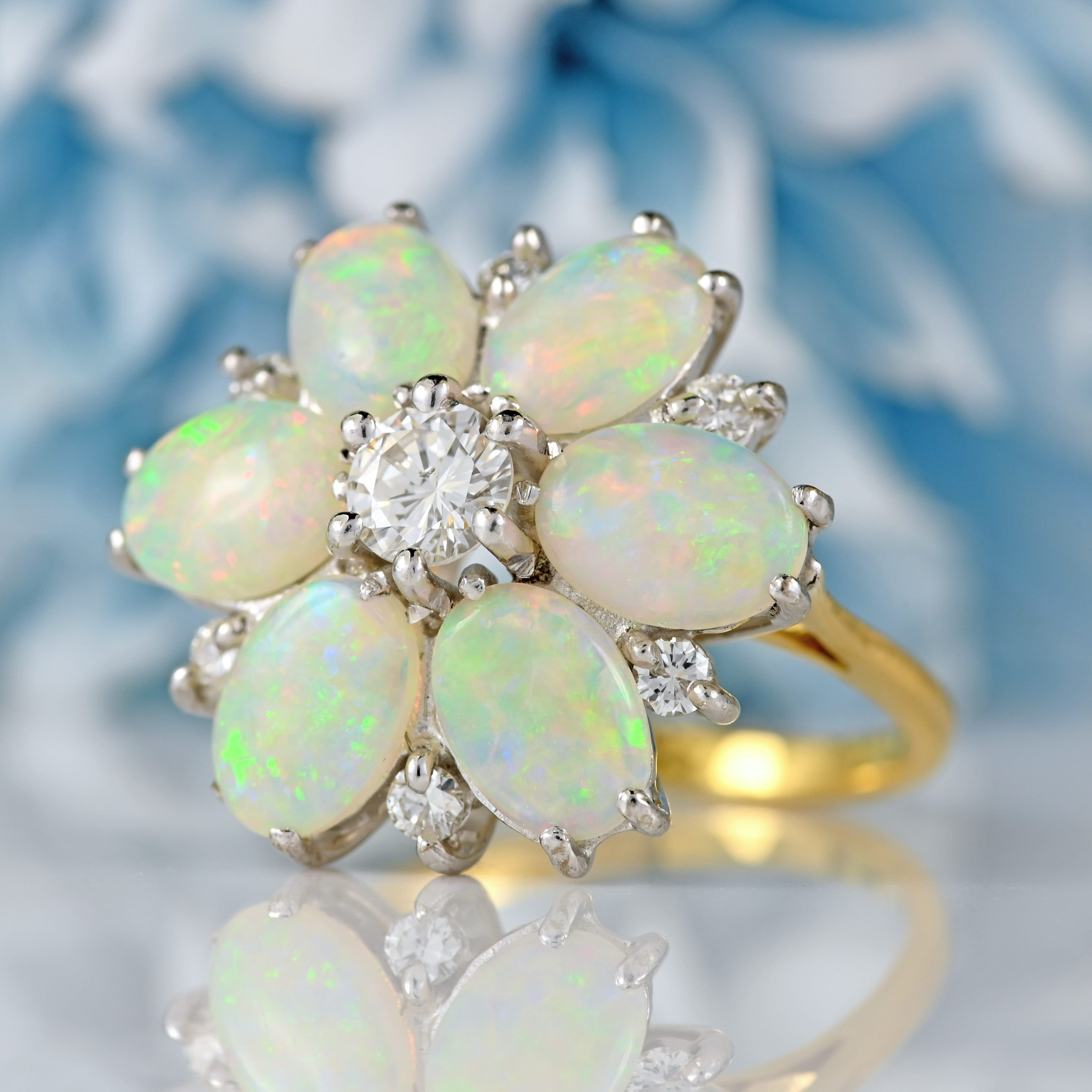 Ellibelle Jewellery Vintage Opal & Diamond 18ct Gold Daisy Cluster Statement Ring
