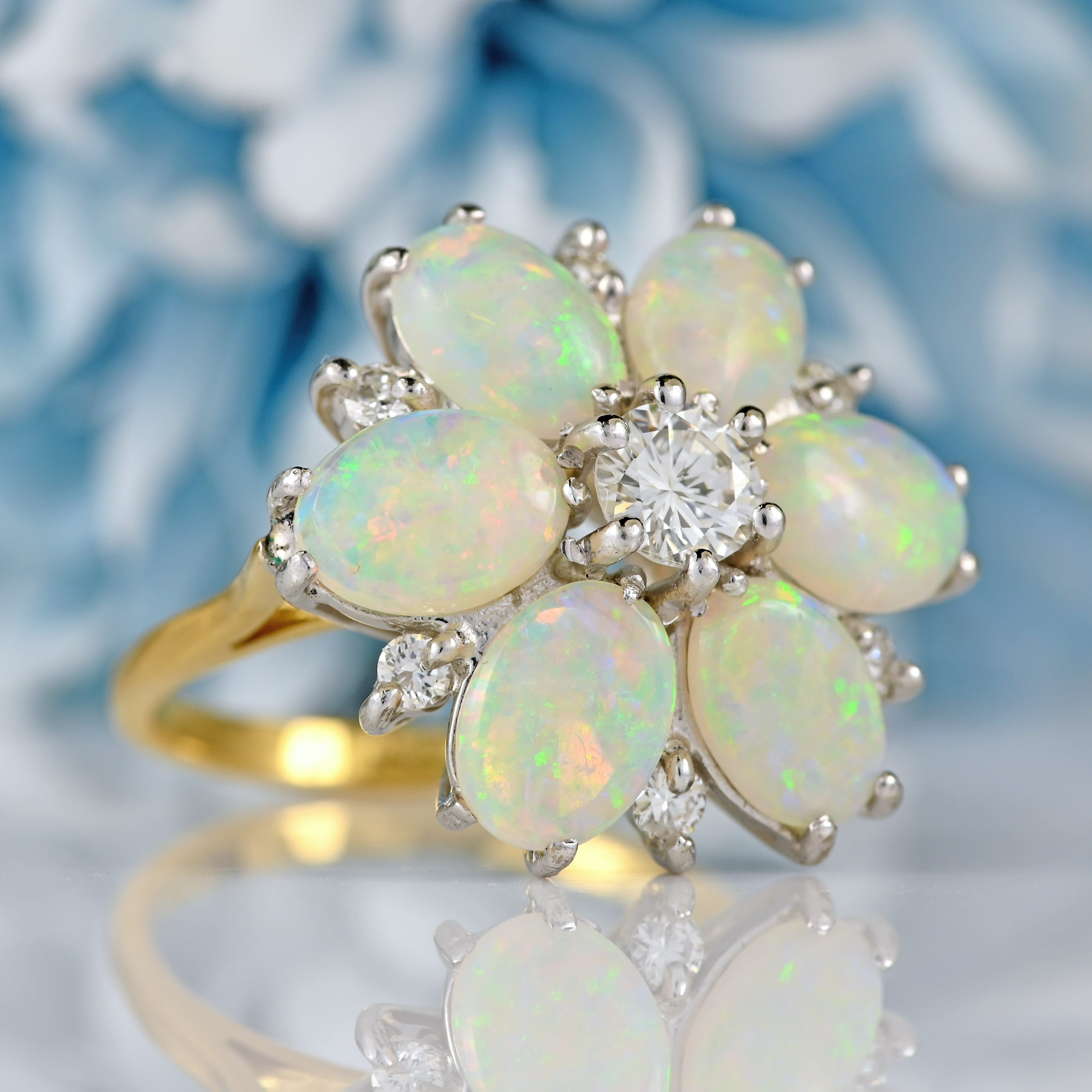 Ellibelle Jewellery Vintage Opal & Diamond 18ct Gold Daisy Cluster Statement Ring