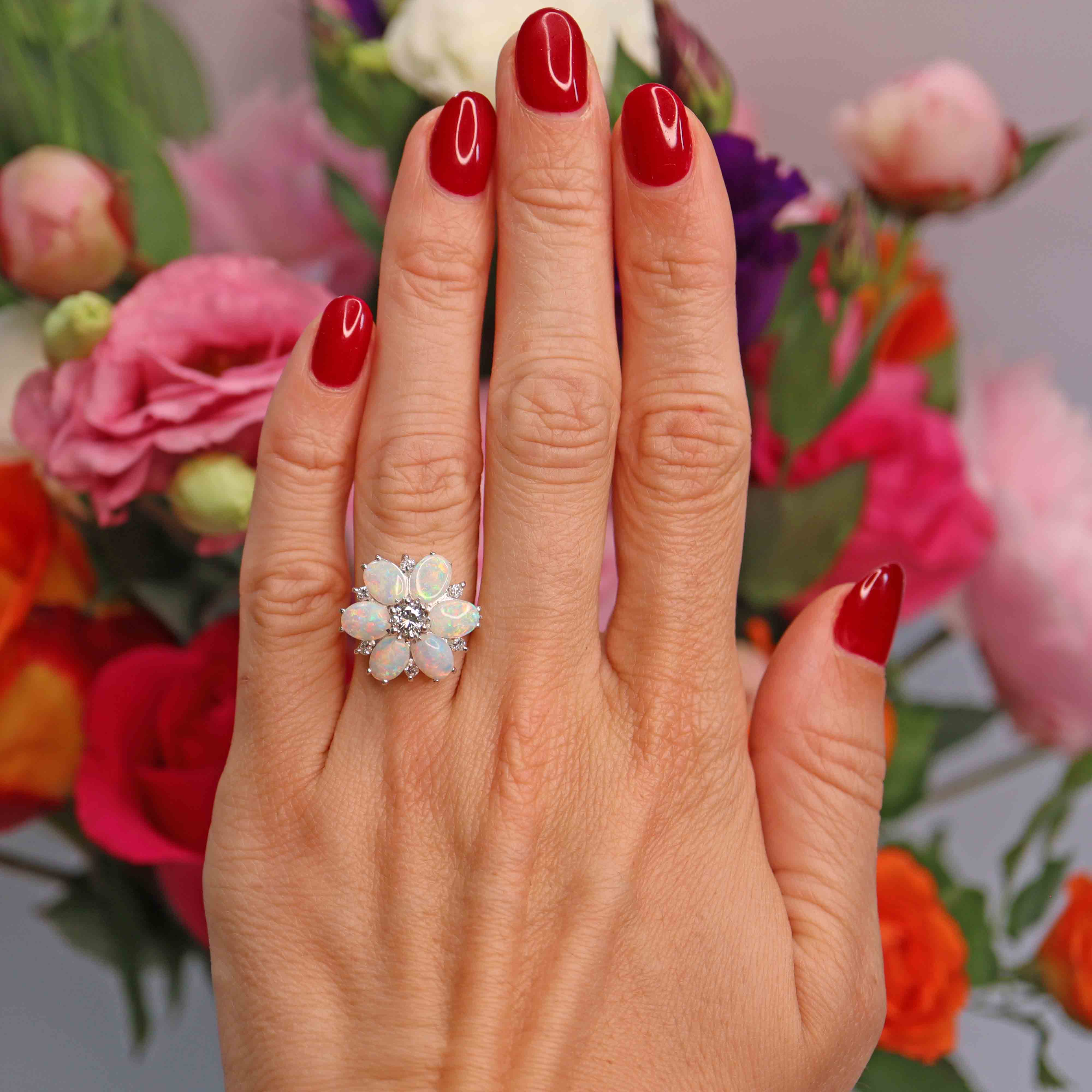 Ellibelle Jewellery Vintage Opal & Diamond 18ct Gold Daisy Cluster Statement Ring