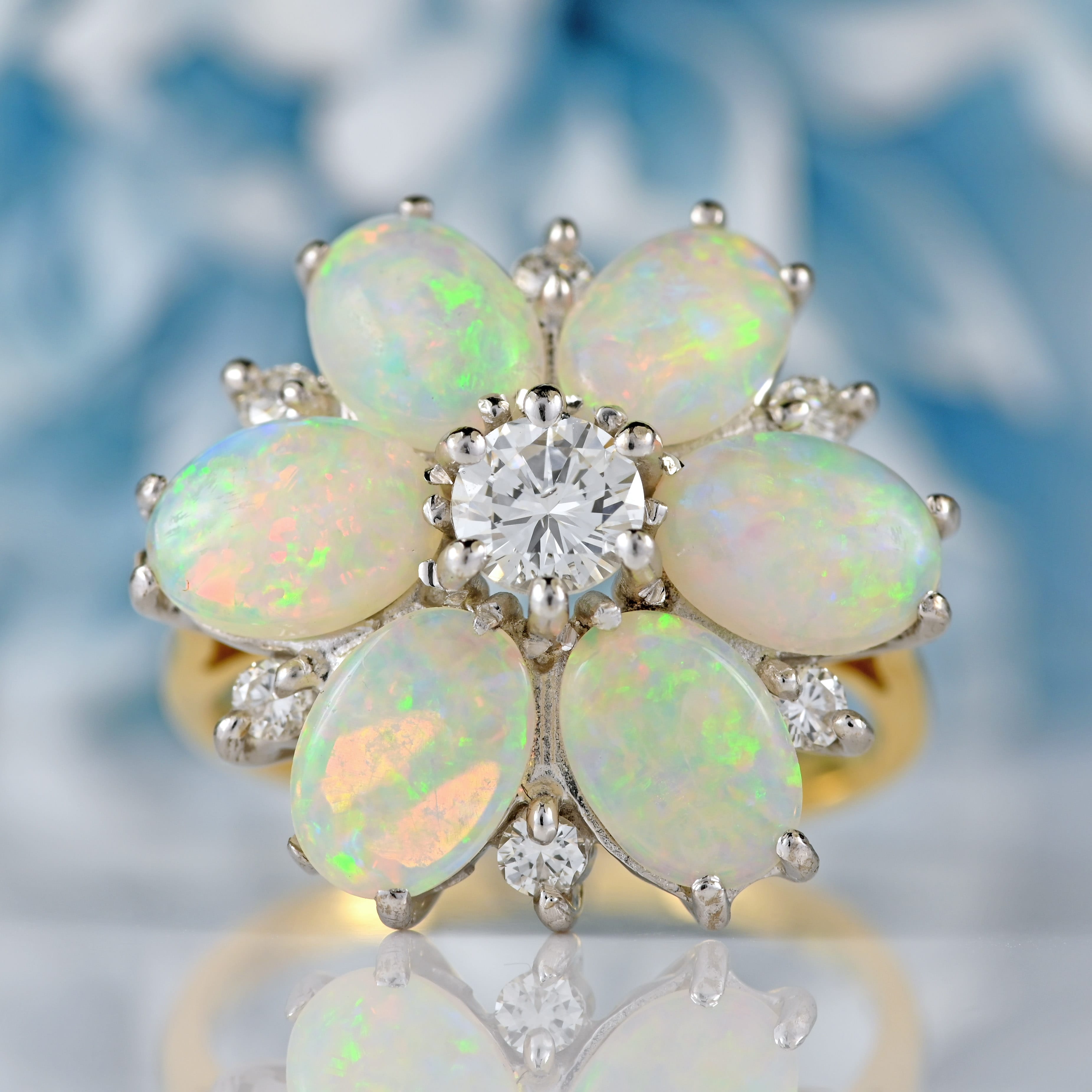 Ellibelle Jewellery Vintage Opal & Diamond 18ct Gold Daisy Cluster Statement Ring