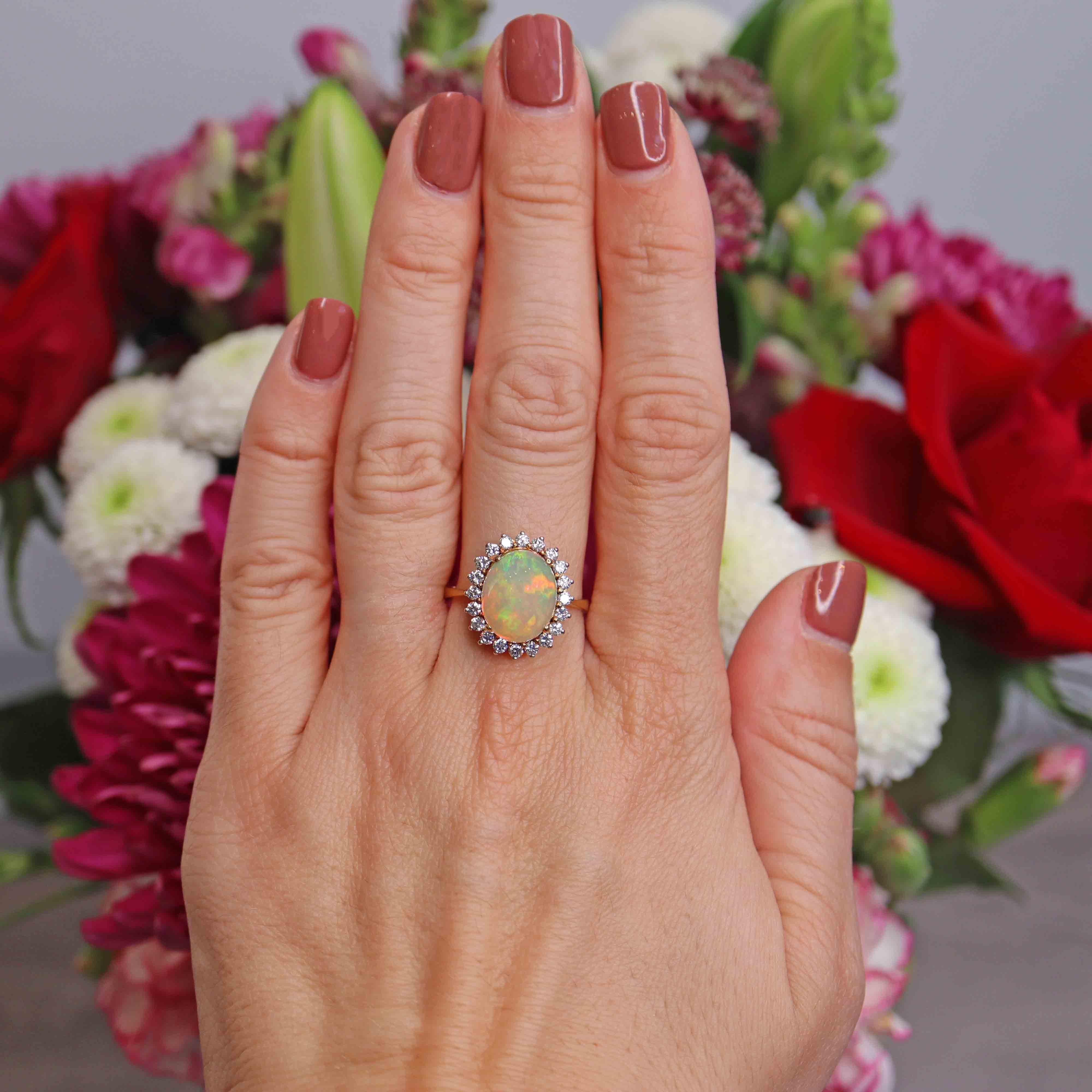 Vintage Opal & Diamond 18ct Gold Cluster Engagement Ring