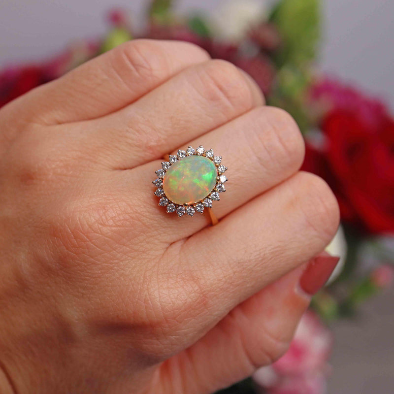 Ellibelle Jewellery Vintage Opal & Diamond 18ct Gold Oval Cluster Ring