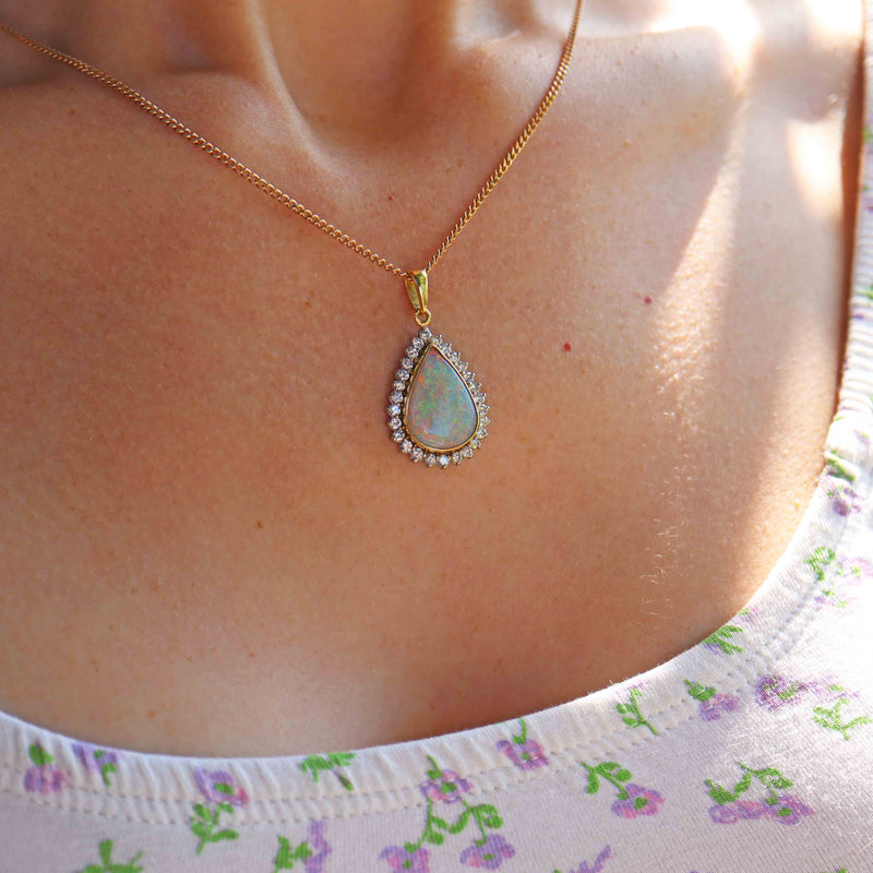 Ellibelle Jewellery Vintage Opal & Diamond 18ct Gold Pear-Shaped Cluster Pendant