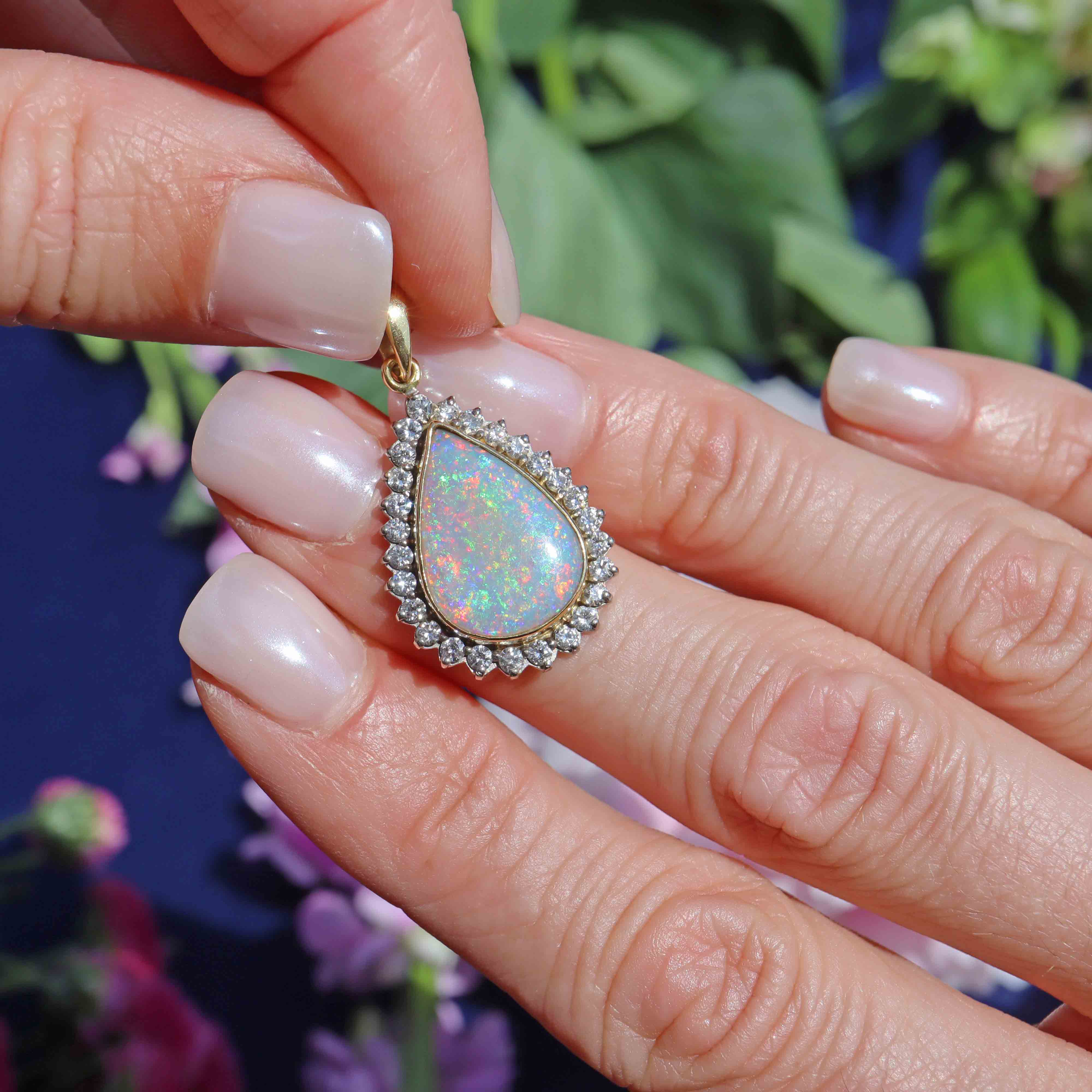 Ellibelle Jewellery Vintage Opal & Diamond 18ct Gold Pear-Shaped Cluster Pendant