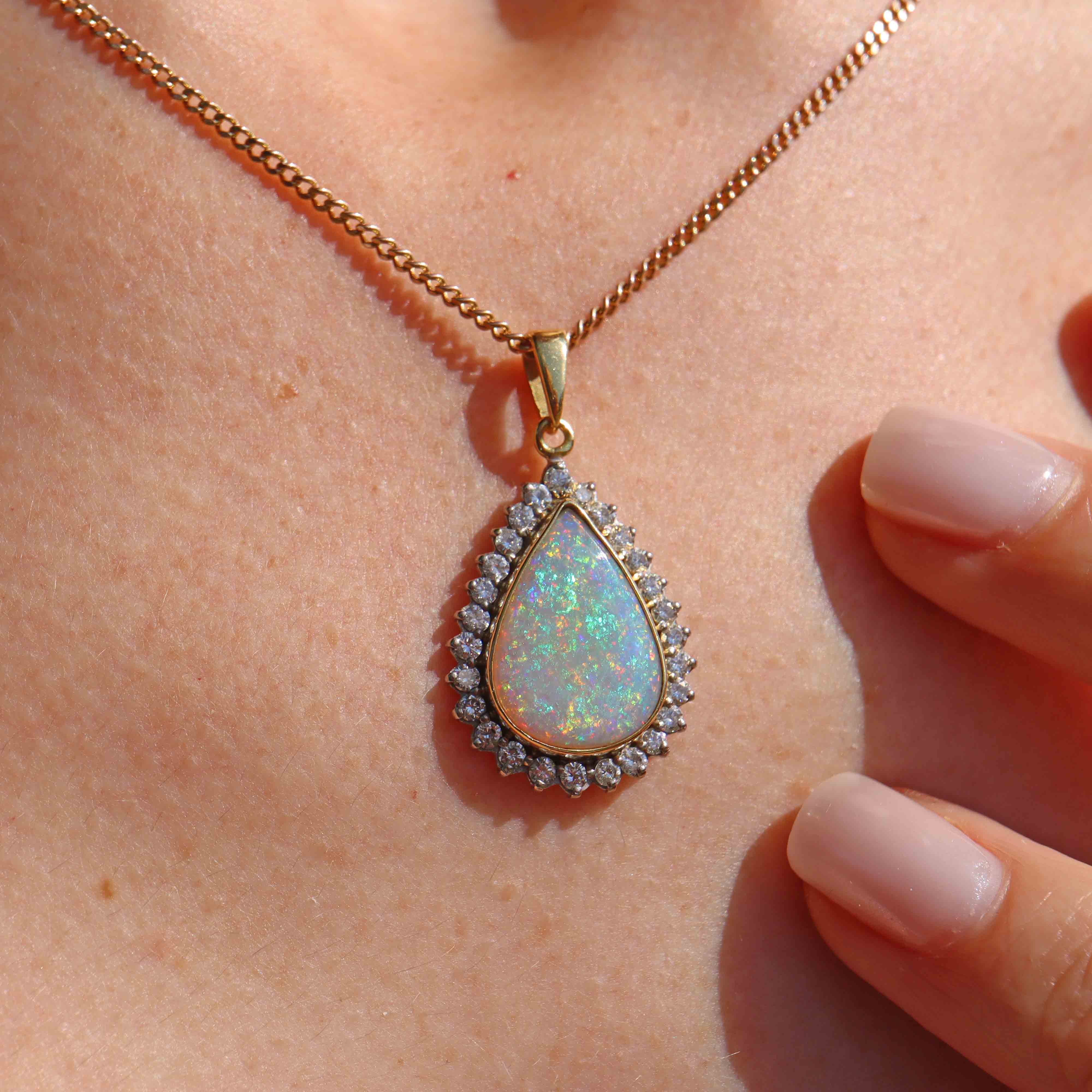 Ellibelle Jewellery Vintage Opal & Diamond 18ct Gold Pear-Shaped Cluster Pendant