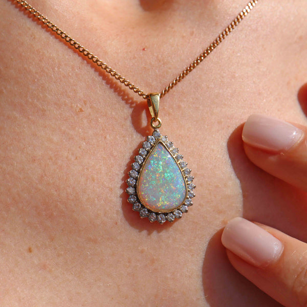 Ellibelle Jewellery Vintage Opal & Diamond 18ct Gold Pear-Shaped Cluster Pendant
