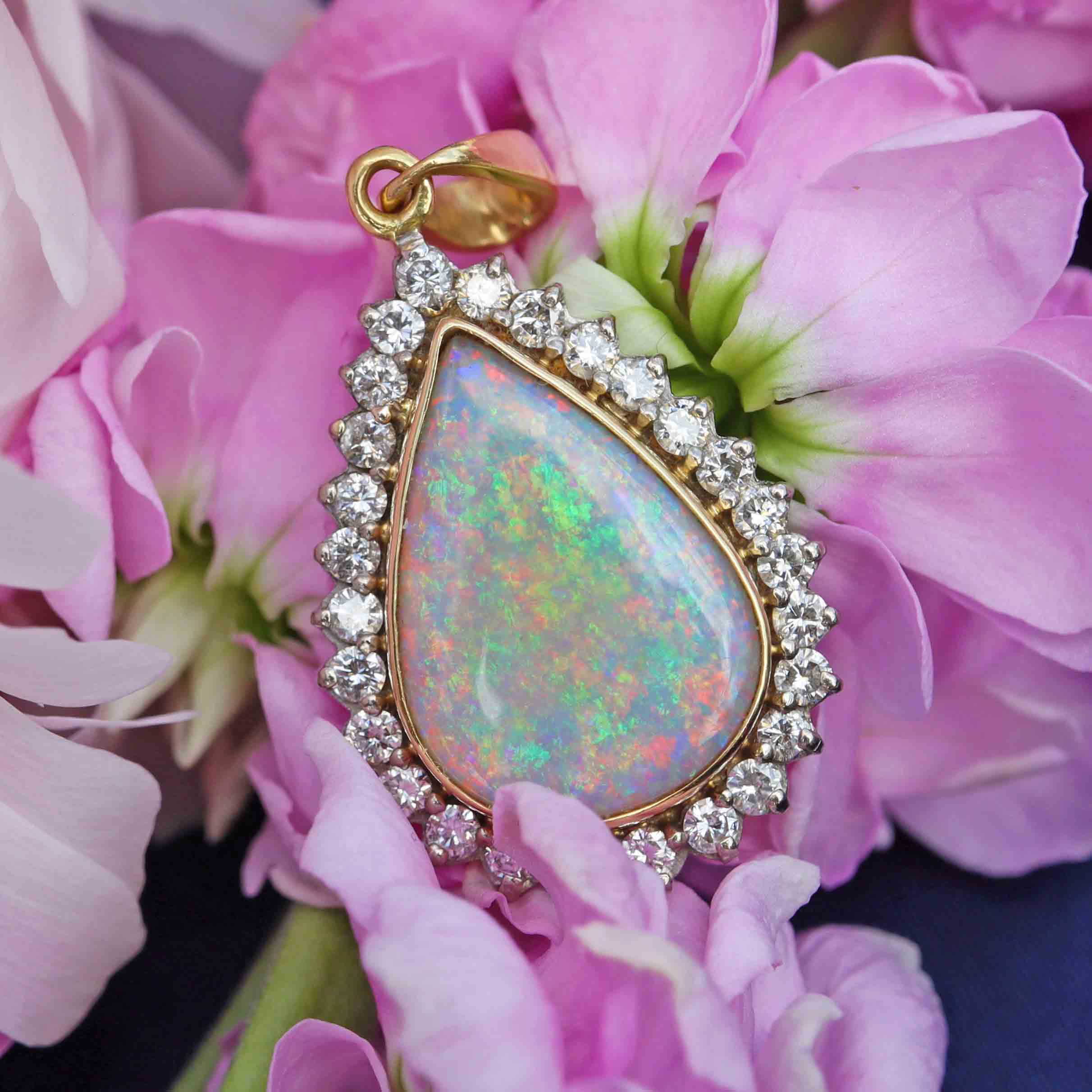Ellibelle Jewellery Vintage Opal & Diamond 18ct Gold Pear-Shaped Cluster Pendant
