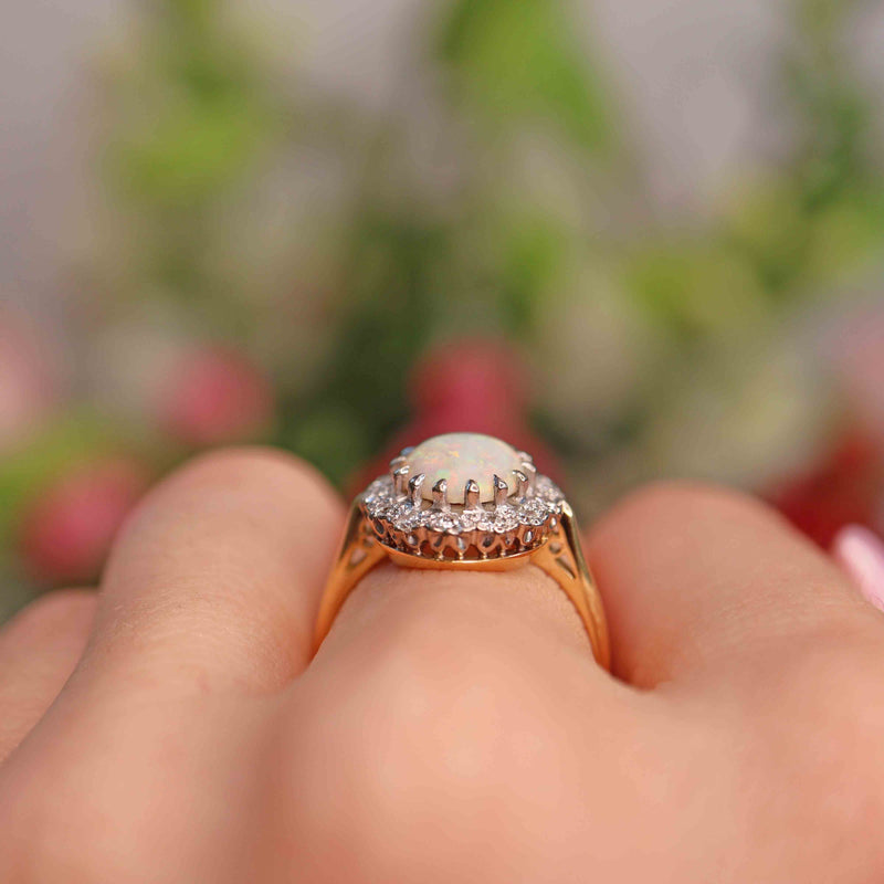 Ellibelle Jewellery Vintage Opal & Diamond 18ct Gold Platinum Cluster Ring