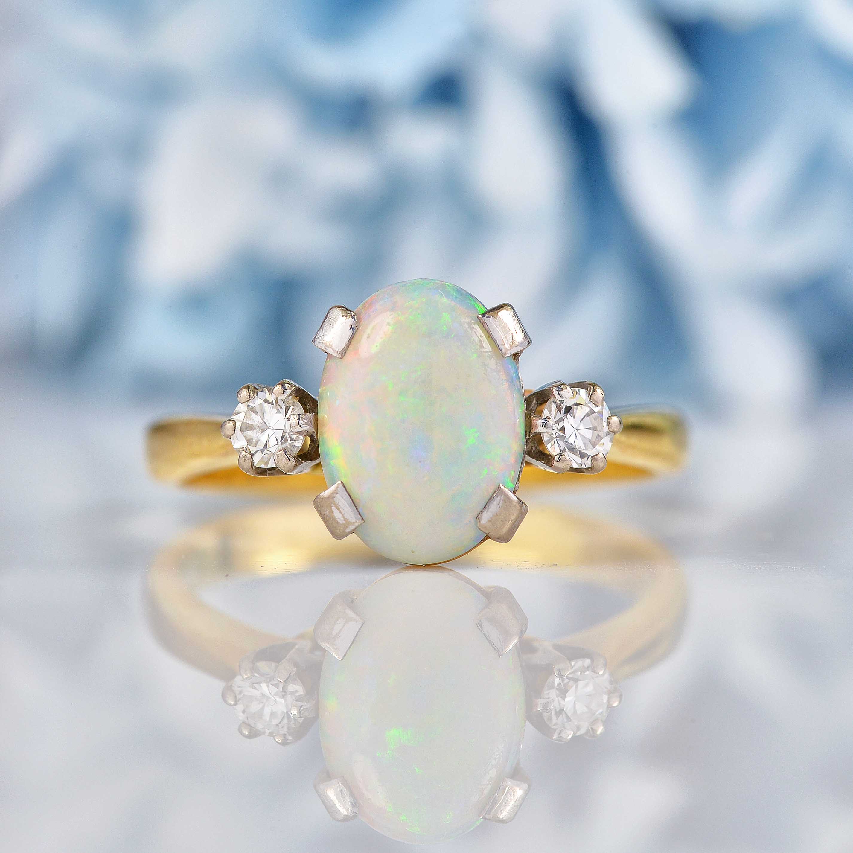 Ellibelle Jewellery Vintage Opal & Diamond 18ct Gold Trilogy Ring