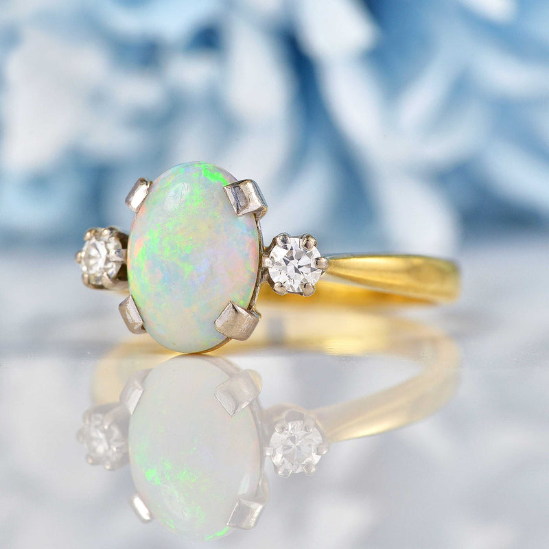 Ellibelle Jewellery Vintage Opal & Diamond 18ct Gold Trilogy Ring