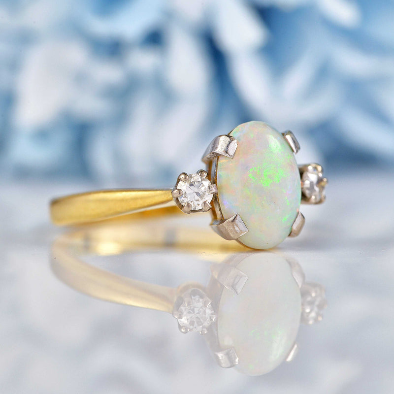Ellibelle Jewellery Vintage Opal & Diamond 18ct Gold Trilogy Ring