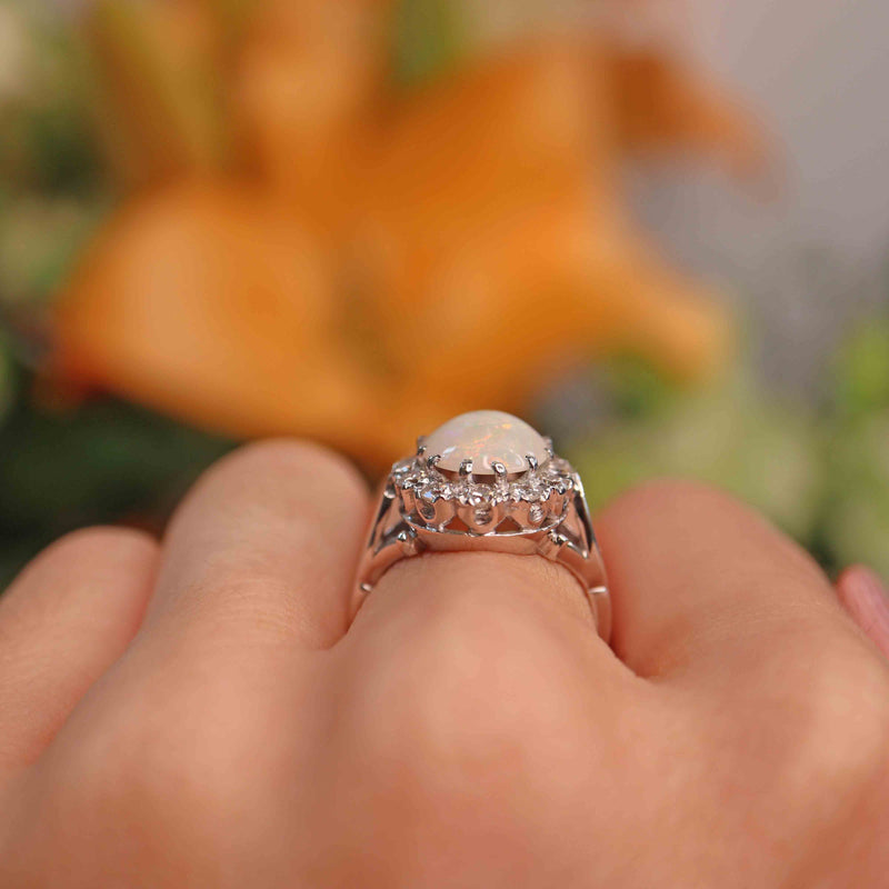Ellibelle Jewellery Vintage Opal & Diamond 18ct White Gold Oval Cluster Ring