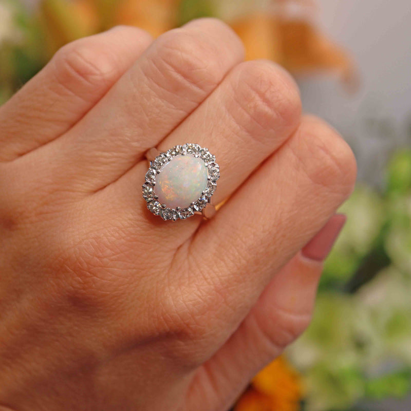 Ellibelle Jewellery Vintage Opal & Diamond 18ct White Gold Oval Cluster Ring