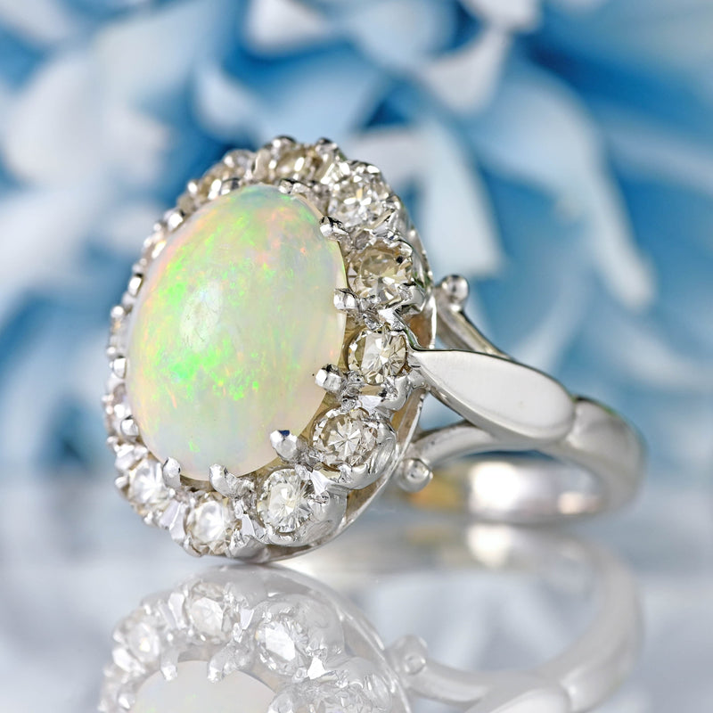 Ellibelle Jewellery Vintage Opal & Diamond 18ct White Gold Oval Cluster Ring