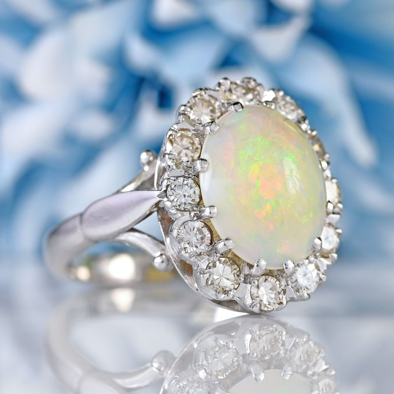 Ellibelle Jewellery Vintage Opal & Diamond 18ct White Gold Oval Cluster Ring