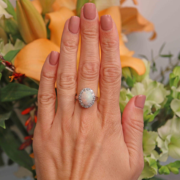 Ellibelle Jewellery Vintage Opal & Diamond 18ct White Gold Oval Cluster Ring