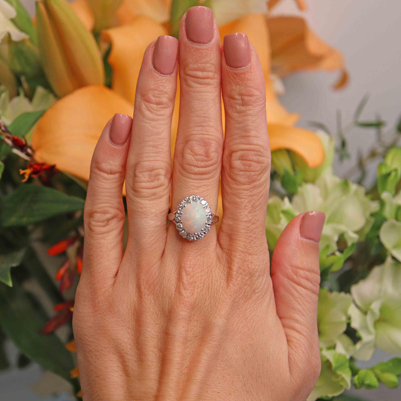Ellibelle Jewellery Vintage Opal & Diamond 18ct White Gold Oval Cluster Ring