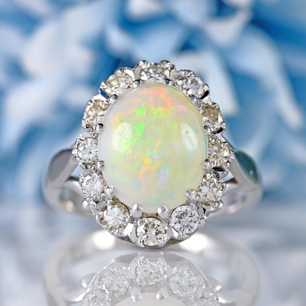 Ellibelle Jewellery Vintage Opal & Diamond 18ct White Gold Oval Cluster Ring