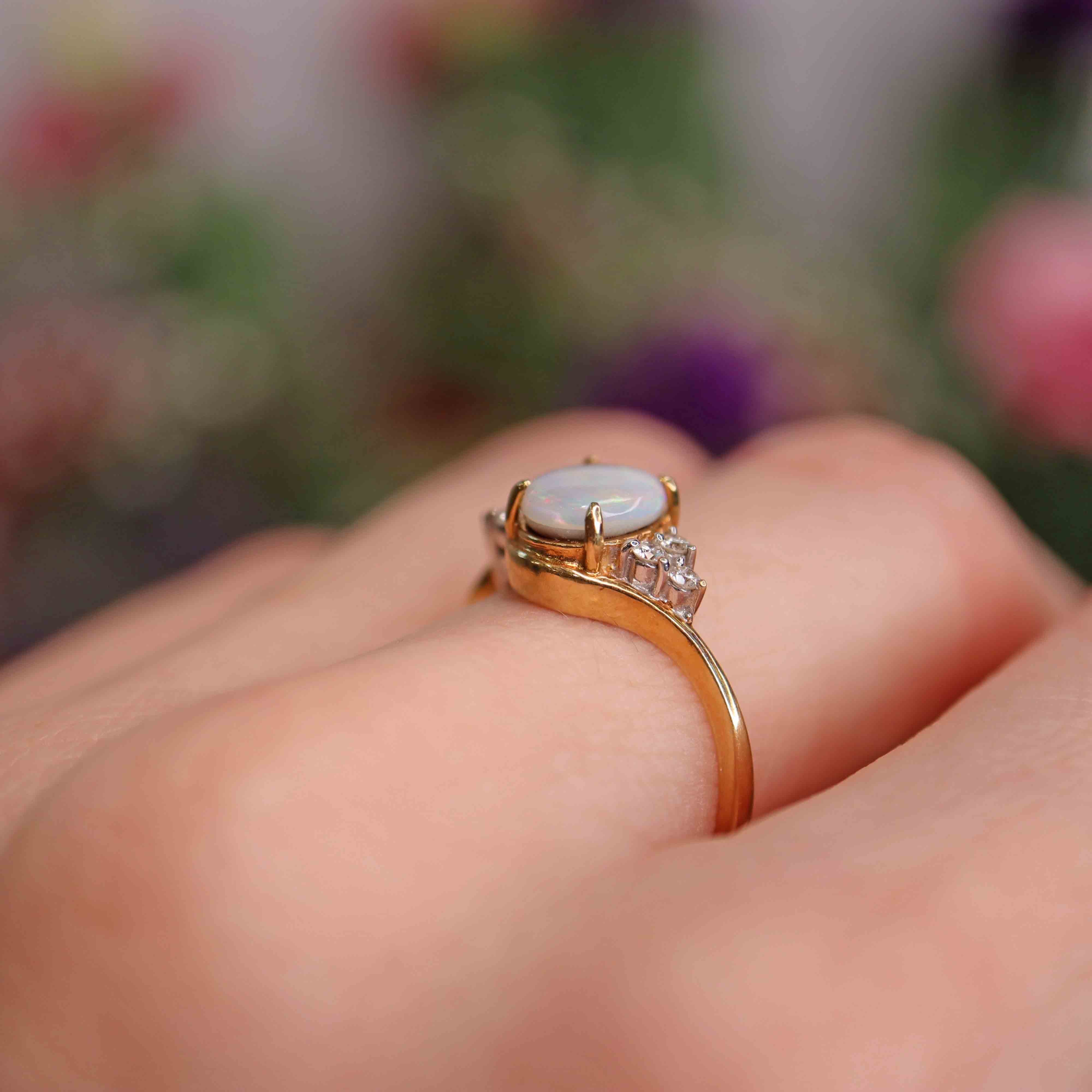 Ellibelle Jewellery Vintage Opal Doublet & Diamond 18ct Gold Seven-Stone Crossover Ring