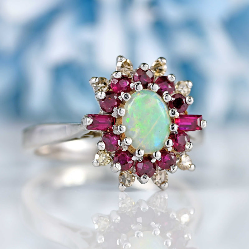 Ellibelle Jewellery Vintage Opal, Ruby & Diamond 18ct White Gold Cluster Ring