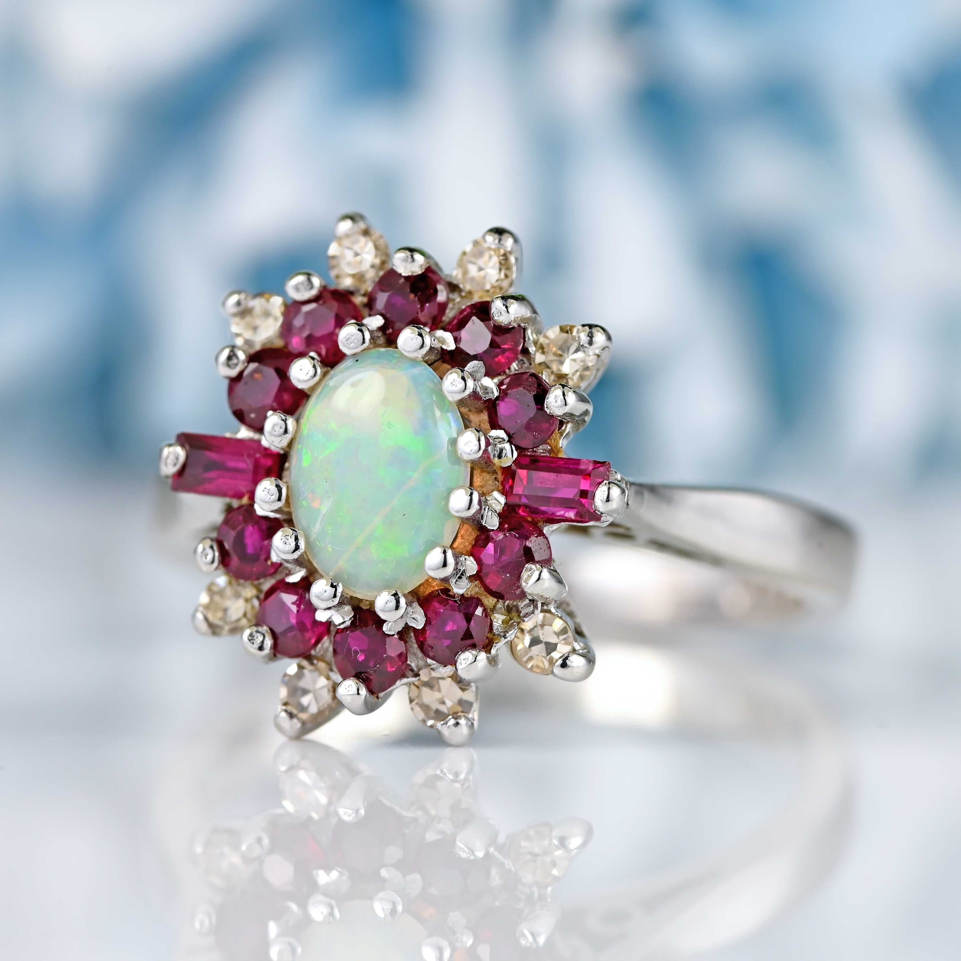 Ellibelle Jewellery Vintage Opal, Ruby & Diamond 18ct White Gold Cluster Ring