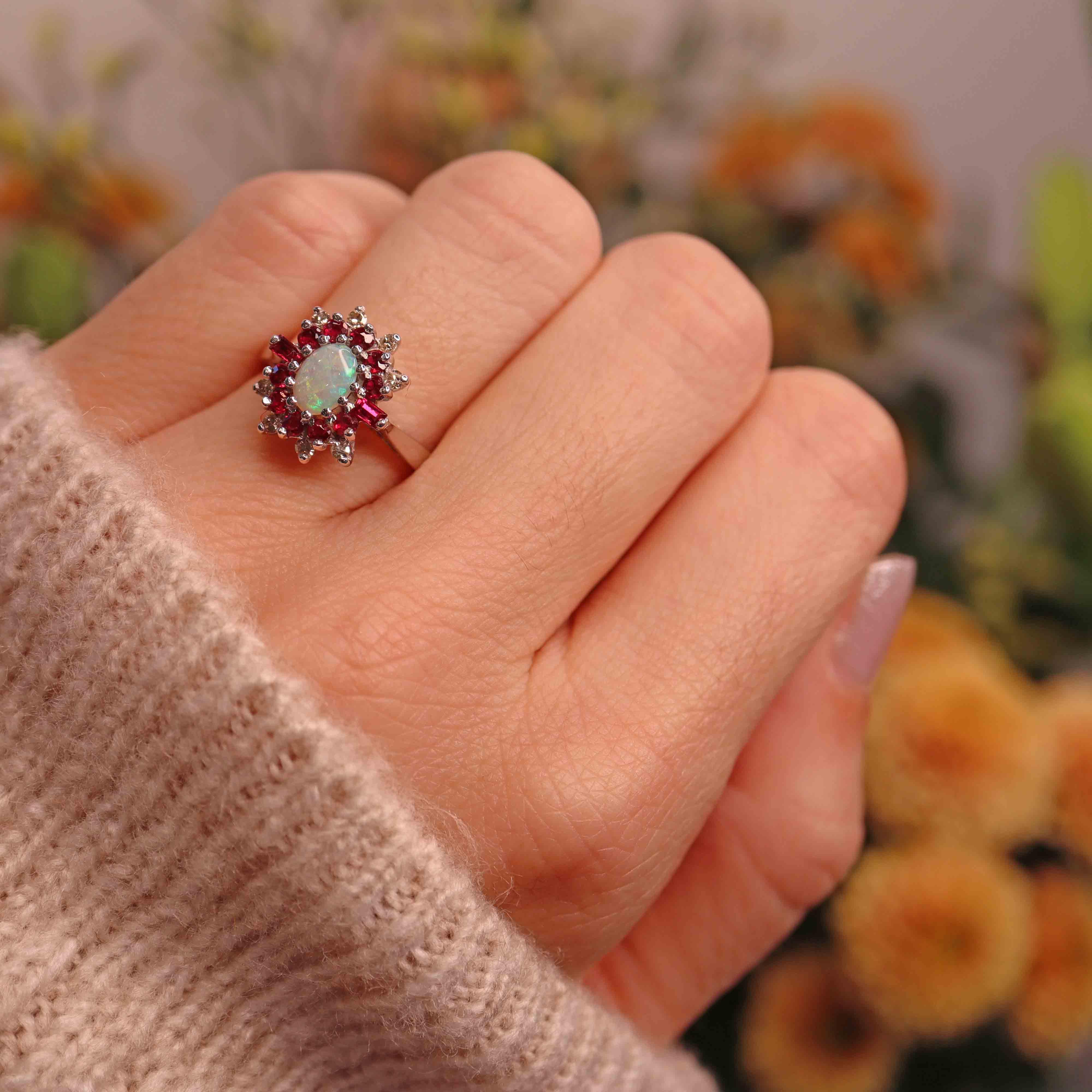 Ellibelle Jewellery Vintage Opal, Ruby & Diamond 18ct White Gold Cluster Ring