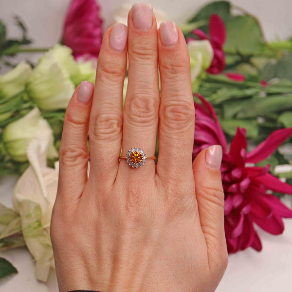 Ellibelle Jewellery Vintage Orange Zircon & Diamond 18ct Gold Cluster Ring