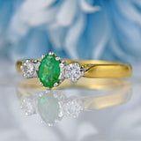 Ellibelle Jewellery Vintage Oval-Cut Emerald & Diamond 18ct Gold Three-Stone Ring
