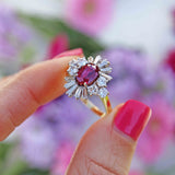 Ellibelle Jewellery Vintage Oval Ruby & Diamond 18ct Gold Starburst Cluster Ring (1.25cts)