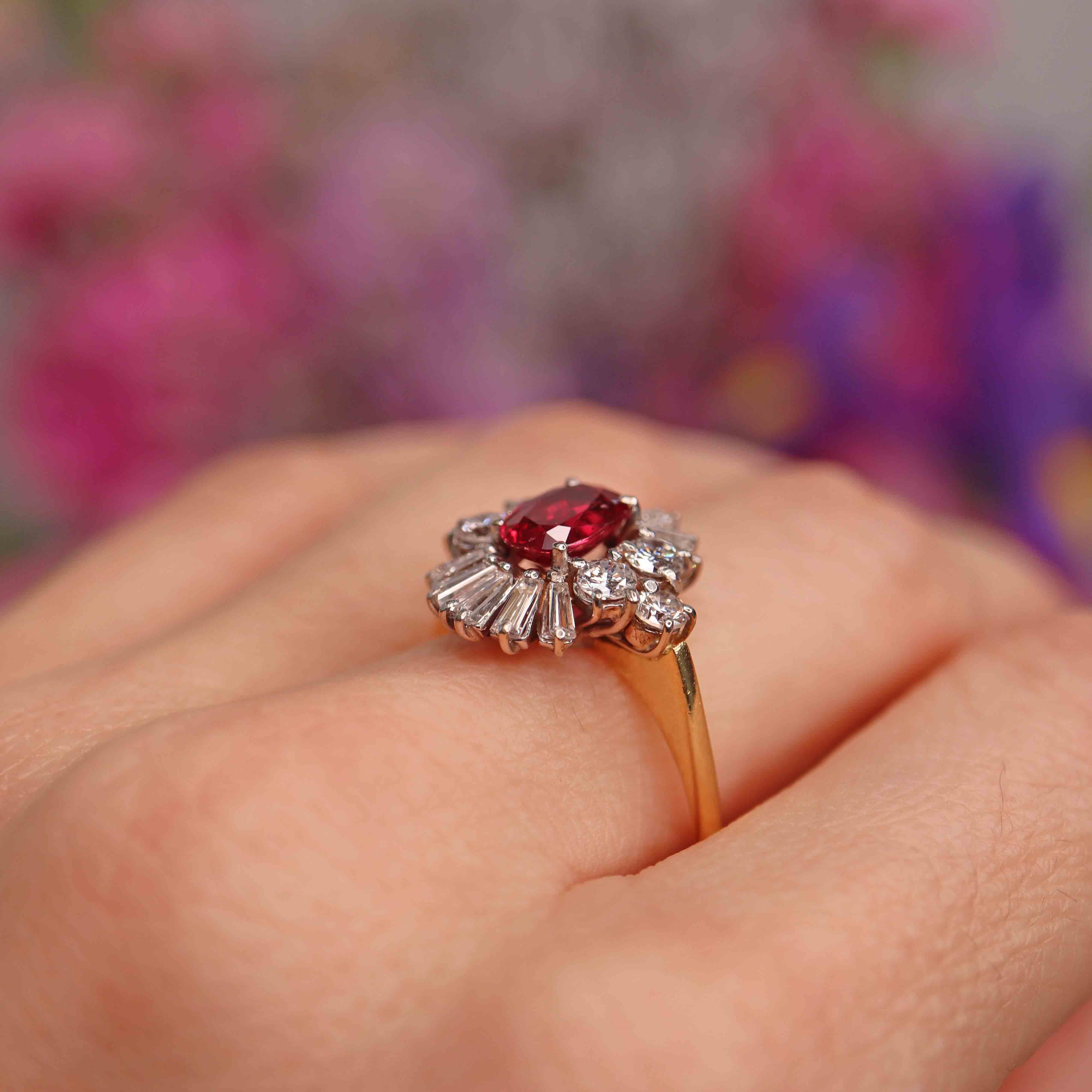 Ellibelle Jewellery Vintage Oval Ruby & Diamond 18ct Gold Starburst Cluster Ring (1.25cts)