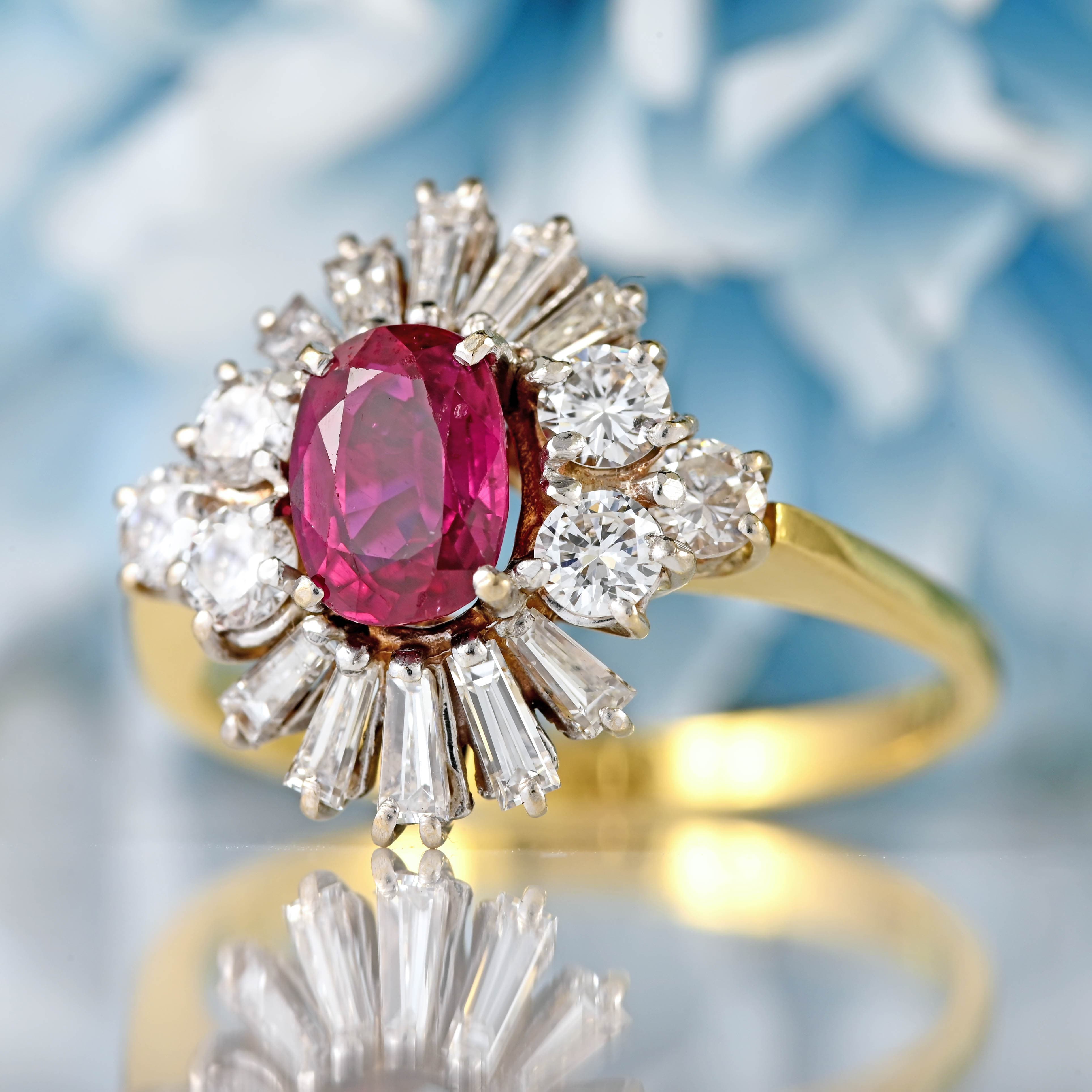 Ellibelle Jewellery Vintage Oval Ruby & Diamond 18ct Gold Starburst Cluster Ring (1.25cts)