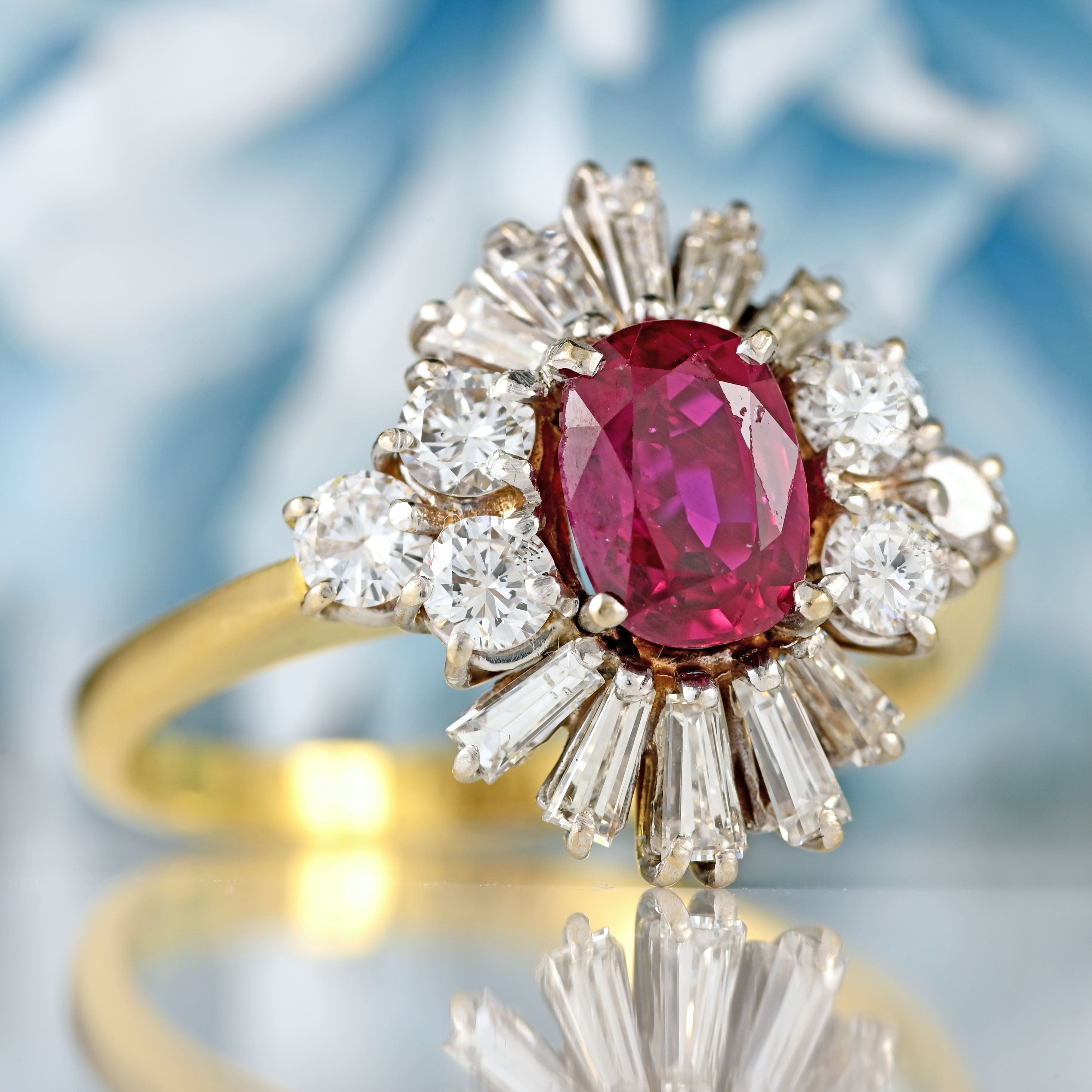 Ellibelle Jewellery Vintage Oval Ruby & Diamond 18ct Gold Starburst Cluster Ring (1.25cts)