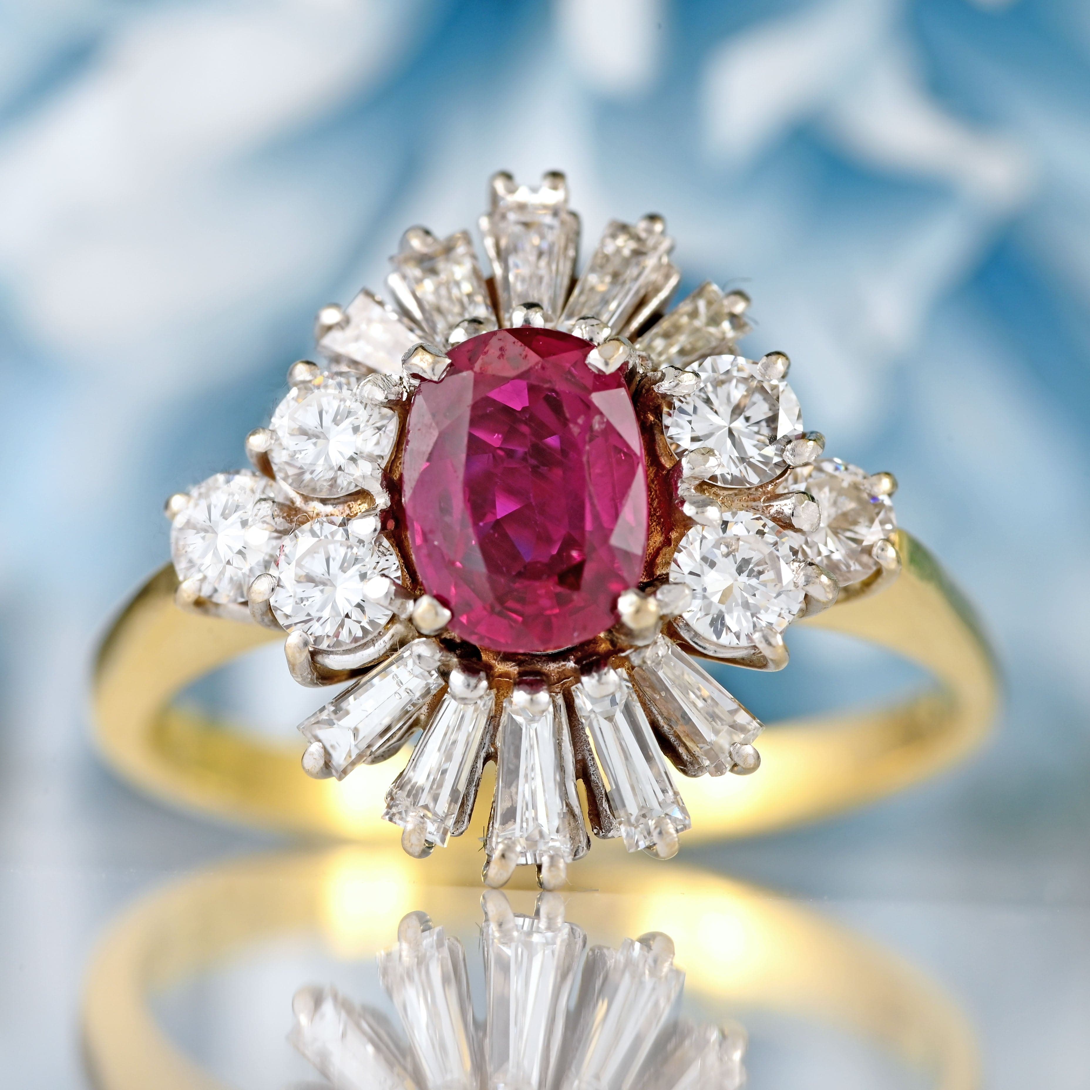 Ellibelle Jewellery Vintage Oval Ruby & Diamond 18ct Gold Starburst Cluster Ring (1.25cts)