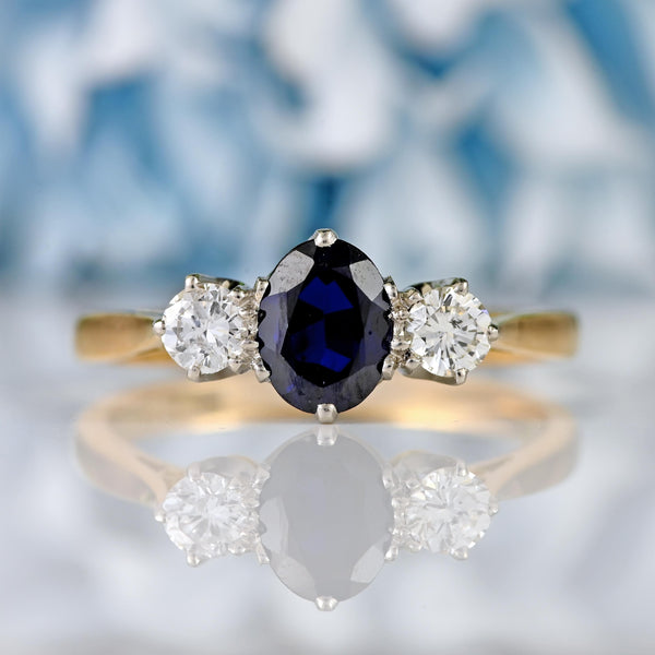 Ellibelle Jewellery Vintage Oval Sapphire & Diamond 18ct Gold Three-Stone Engagement Ring