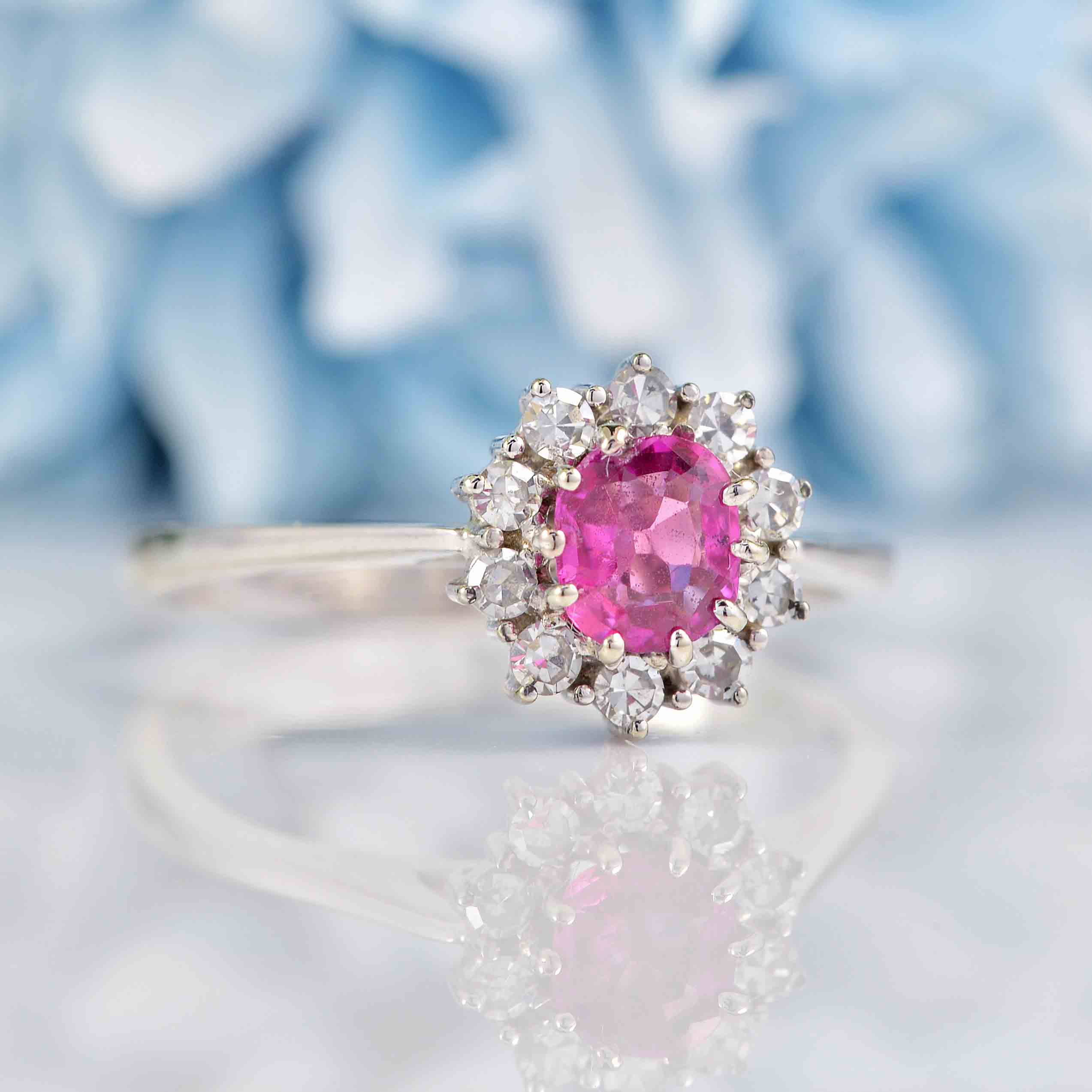 Ellibelle Jewellery Vintage Pink Sapphire & Diamond 18ct White Gold Cluster Ring