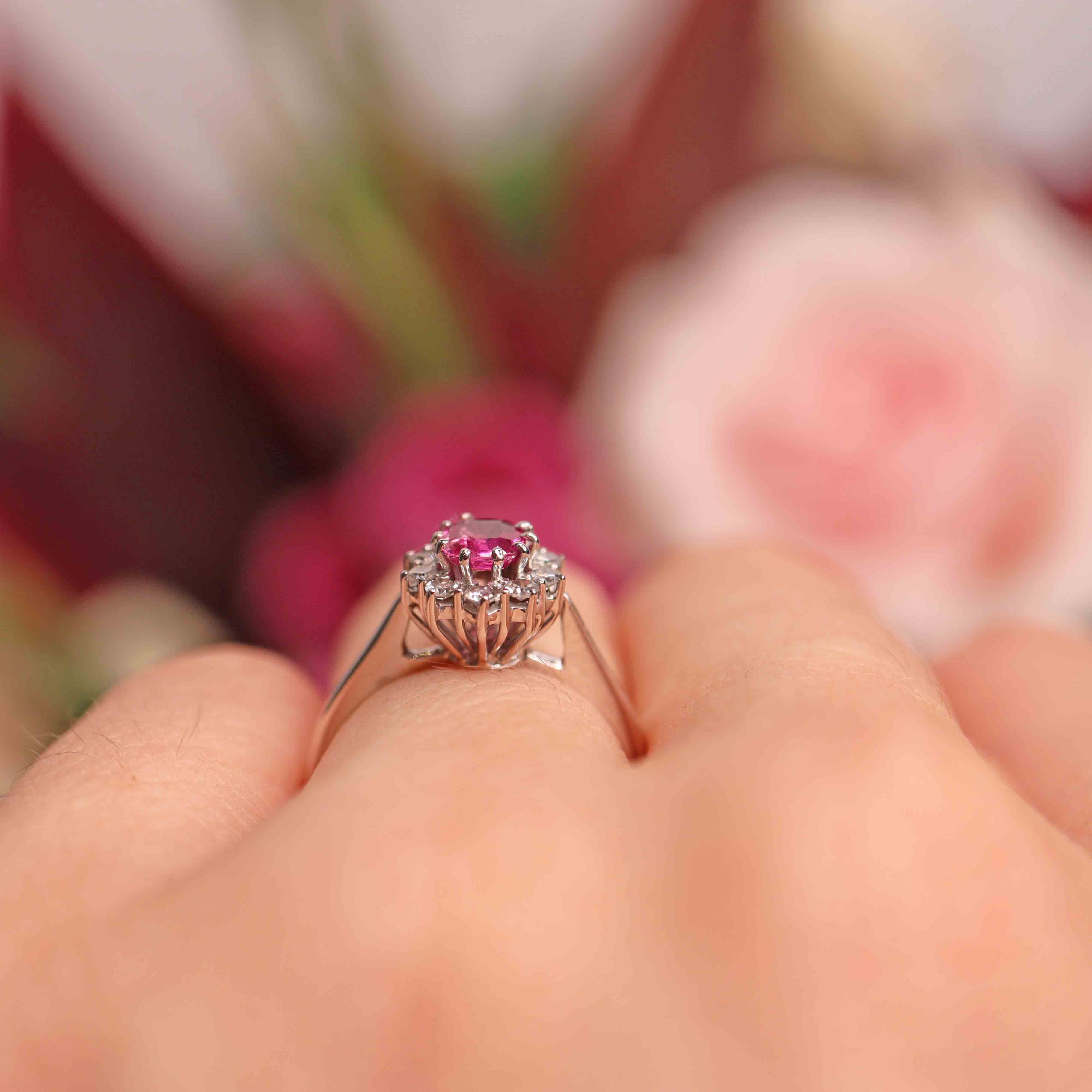 Ellibelle Jewellery Vintage Pink Sapphire & Diamond 18ct White Gold Cluster Ring