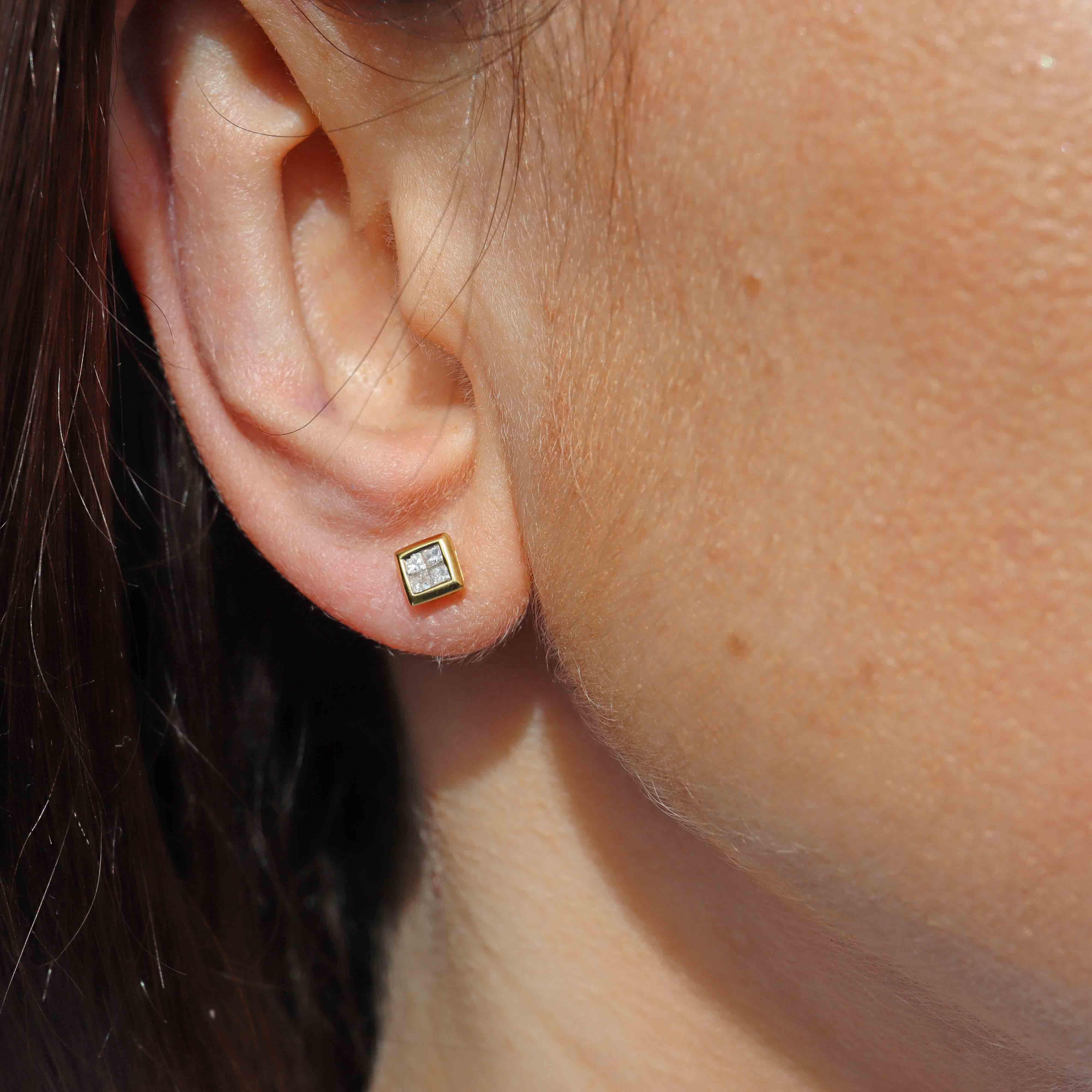 Ellibelle Jewellery Vintage Princess-Cut Diamond 18ct Gold Stud Earrings