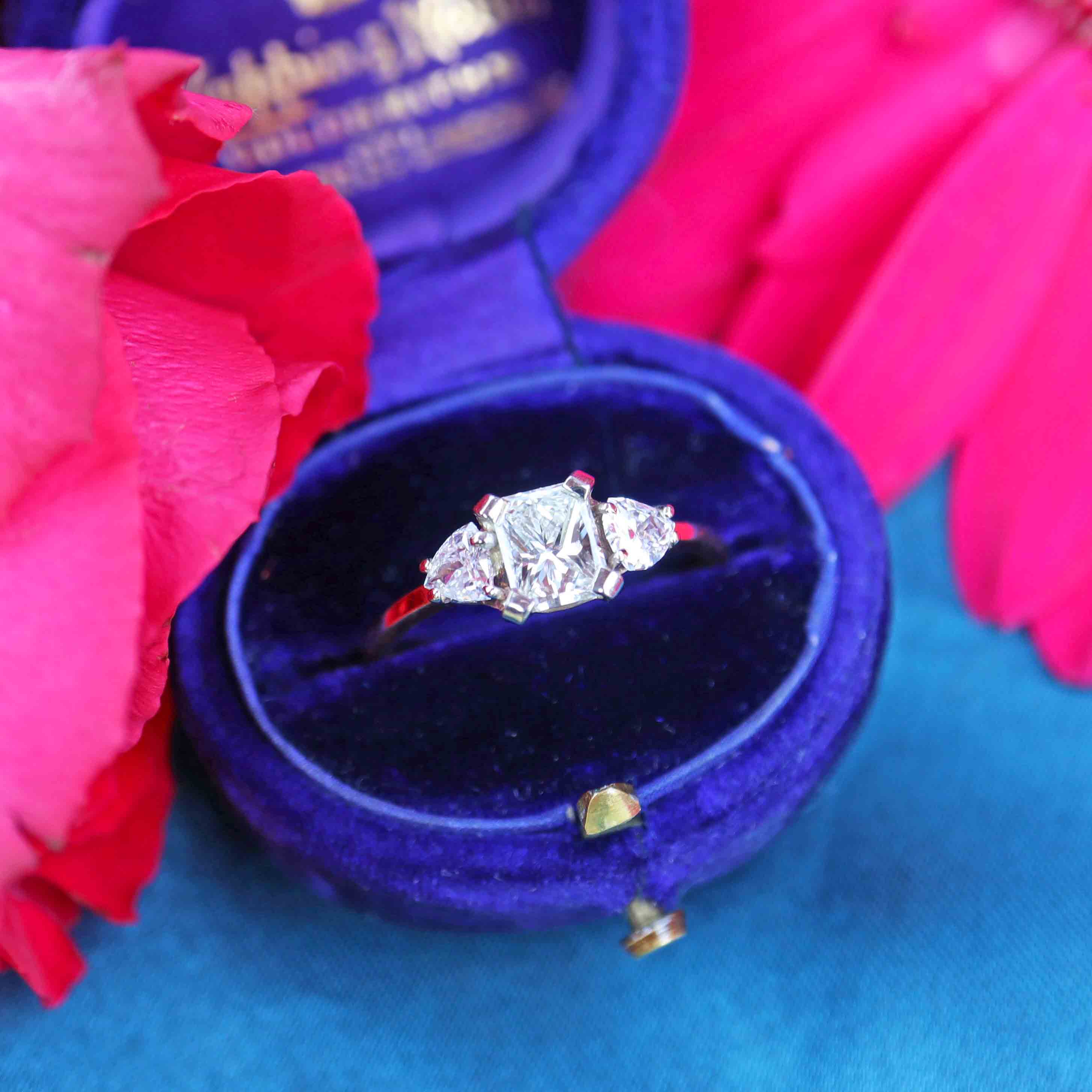 Ellibelle Jewellery Vintage Princess & Trillion-Cut Diamond 18ct Gold Three-Stone Engagement Ring (1.05cts)