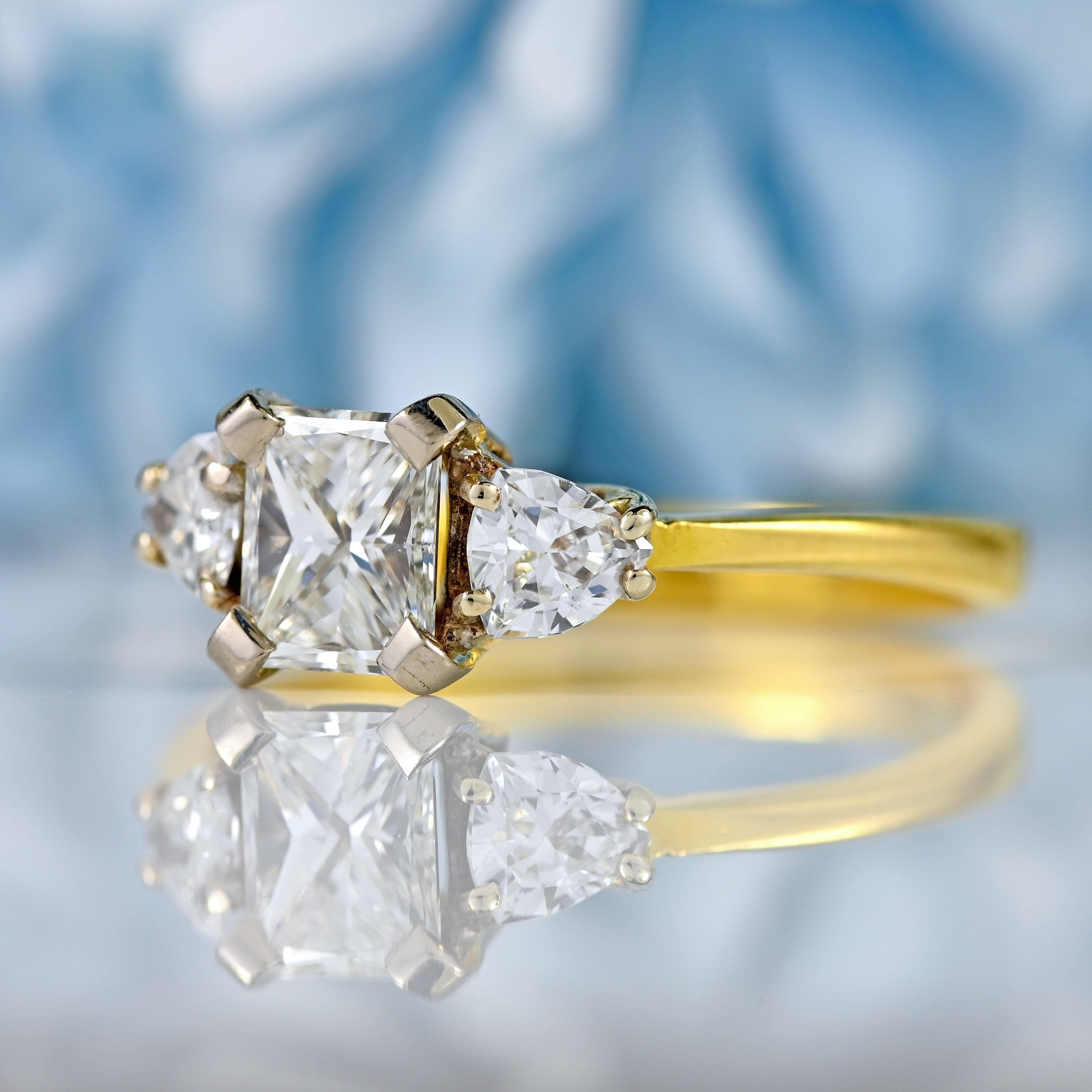 Ellibelle Jewellery Vintage Princess & Trillion-Cut Diamond 18ct Gold Three-Stone Engagement Ring (1.05cts)