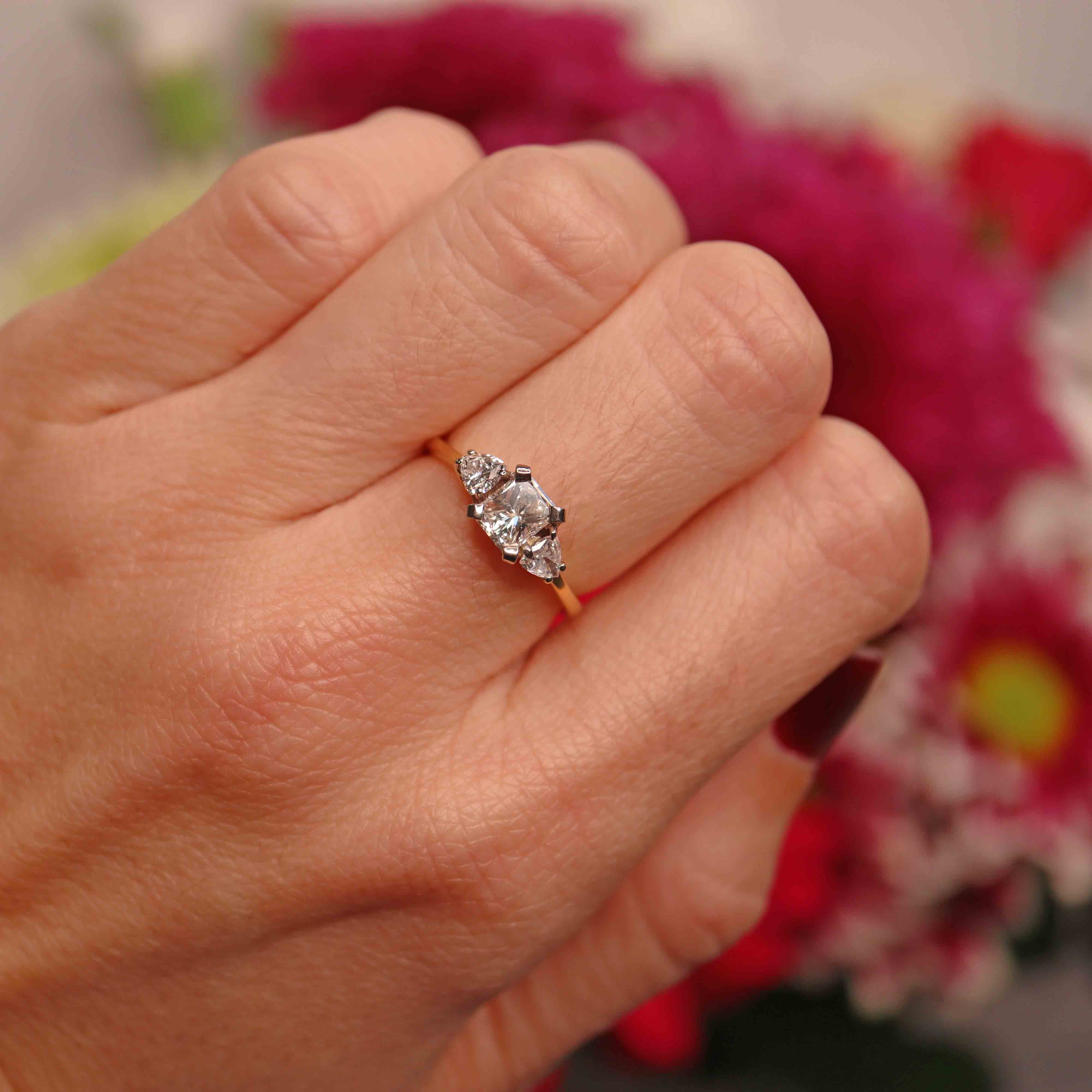 Ellibelle Jewellery Vintage Princess & Trillion-Cut Diamond 18ct Gold Three-Stone Engagement Ring (1.05cts)