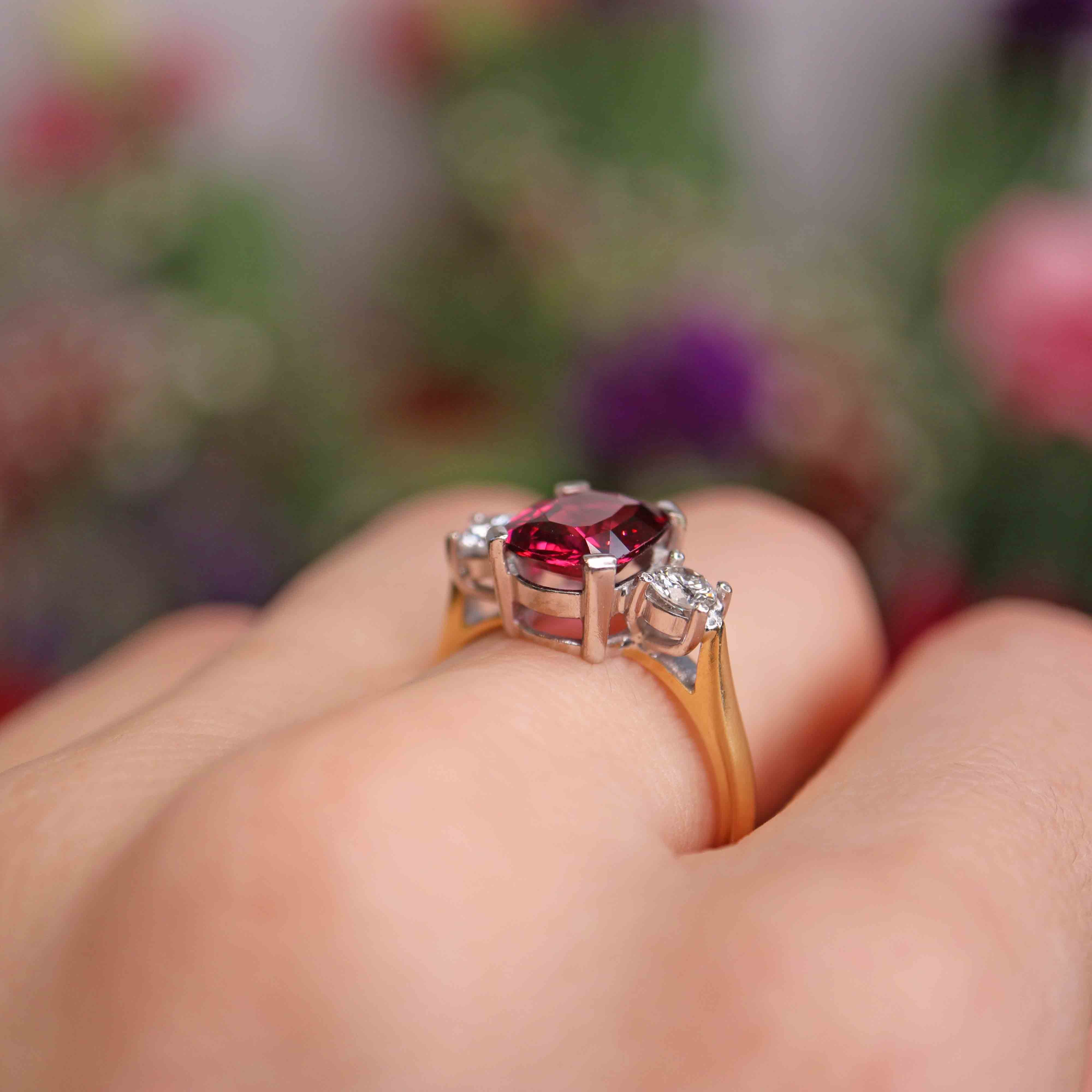 Ellibelle Jewellery Vintage Rhodolite Garnet & Diamond 18ct Gold Three-Stone Engagement Ring (3.04cts)