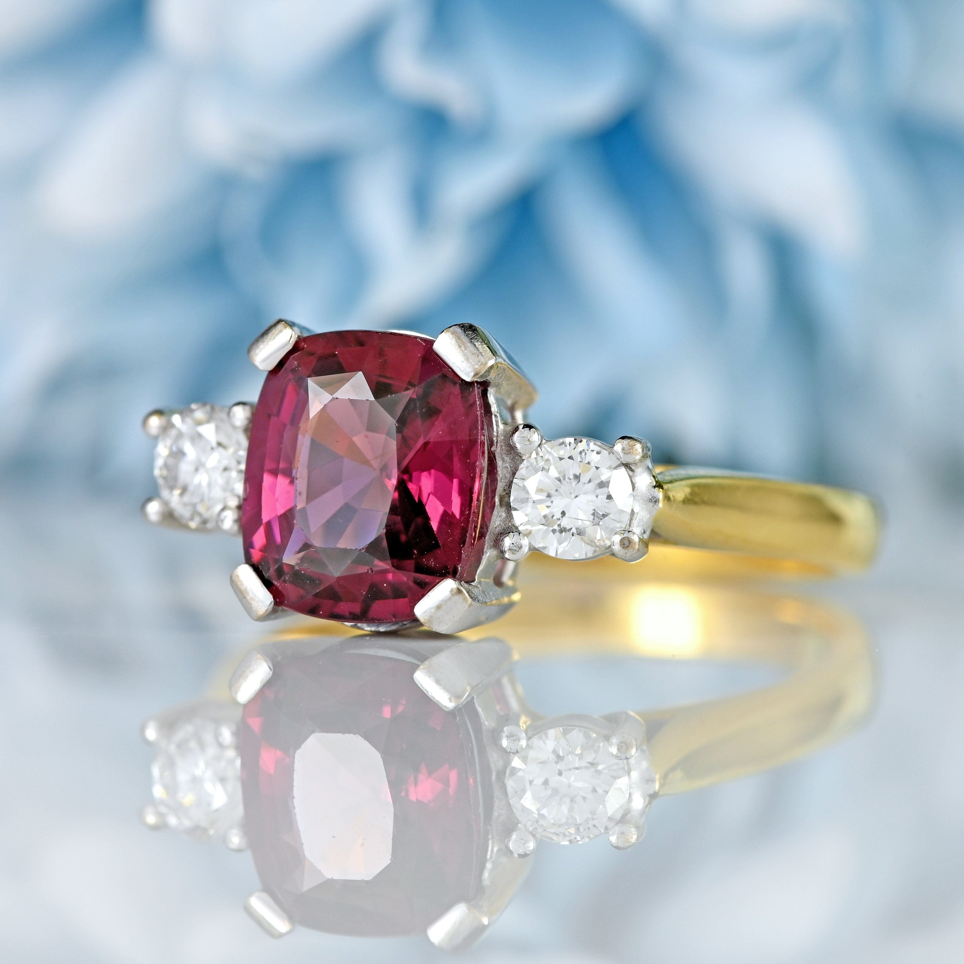 Ellibelle Jewellery Vintage Rhodolite Garnet & Diamond 18ct Gold Three-Stone Engagement Ring (3.04cts)