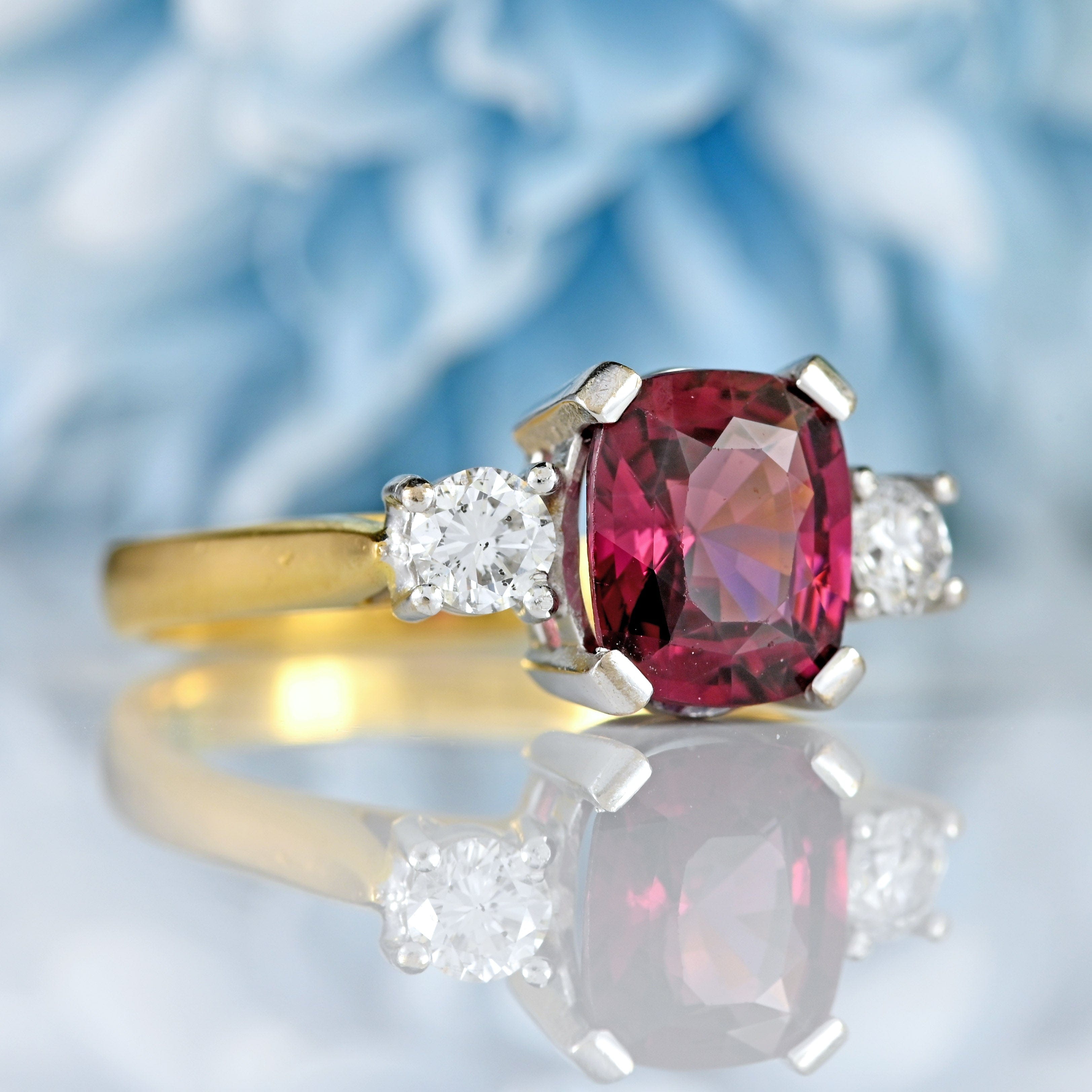 Ellibelle Jewellery Vintage Rhodolite Garnet & Diamond 18ct Gold Three-Stone Engagement Ring (3.04cts)