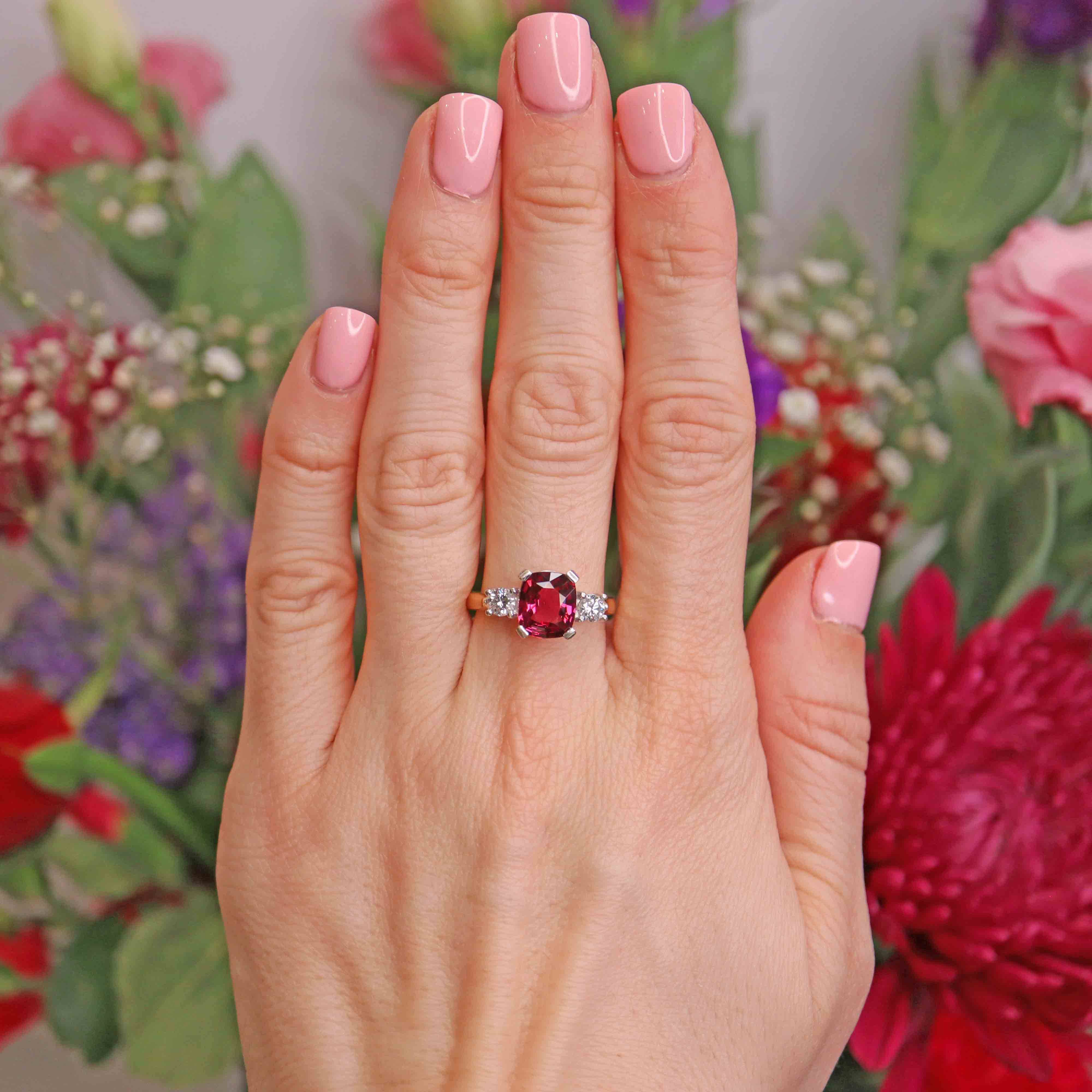 Ellibelle Jewellery Vintage Rhodolite Garnet & Diamond 18ct Gold Three-Stone Engagement Ring (3.04cts)