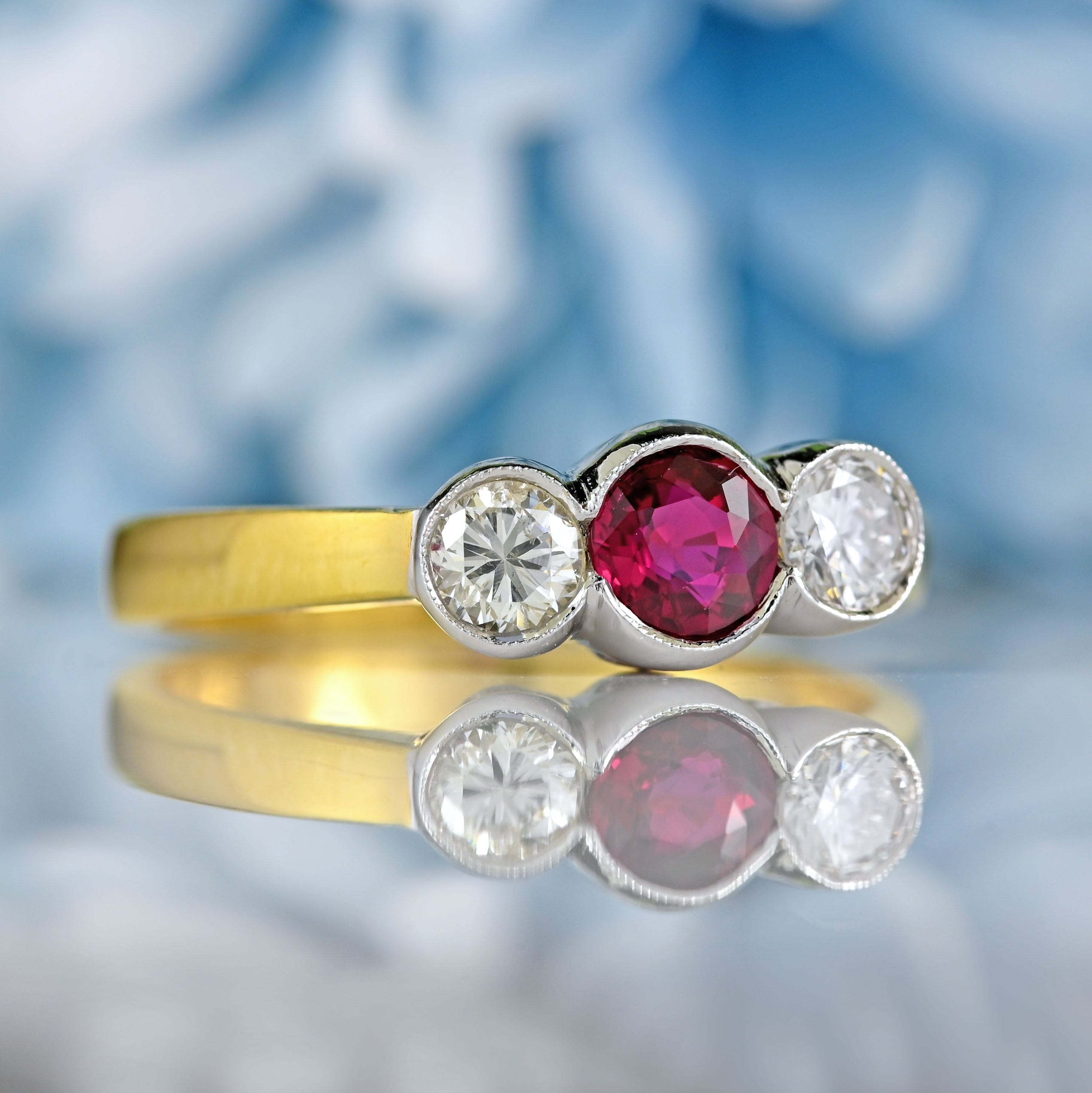 Ellibelle Jewellery Vintage Ruby & Diamond 18ct Gold Bezel-Set Three-Stone Engagement Ring