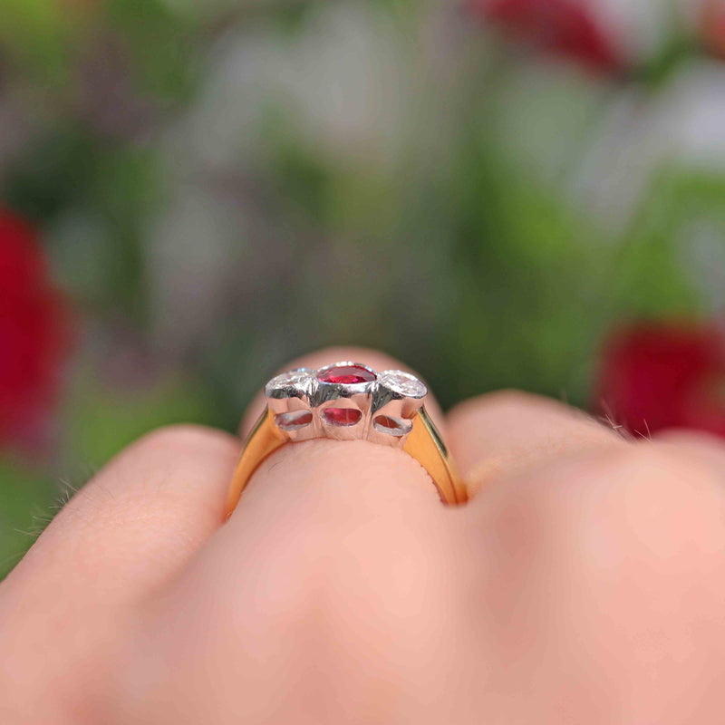 Ellibelle Jewellery Vintage Ruby & Diamond 18ct Gold Bezel-Set Three-Stone Engagement Ring