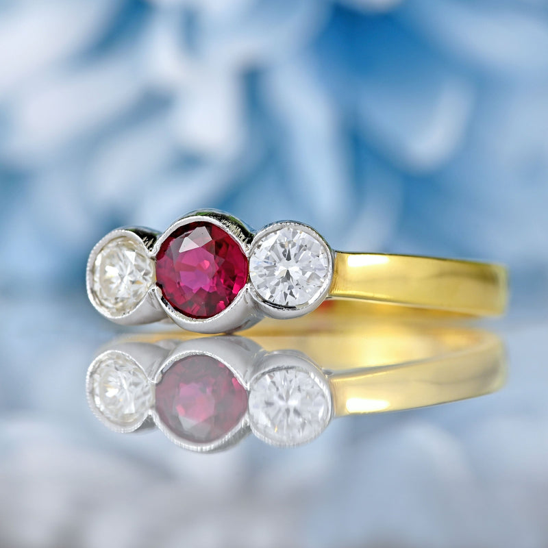 Ellibelle Jewellery Vintage Ruby & Diamond 18ct Gold Bezel-Set Three-Stone Engagement Ring