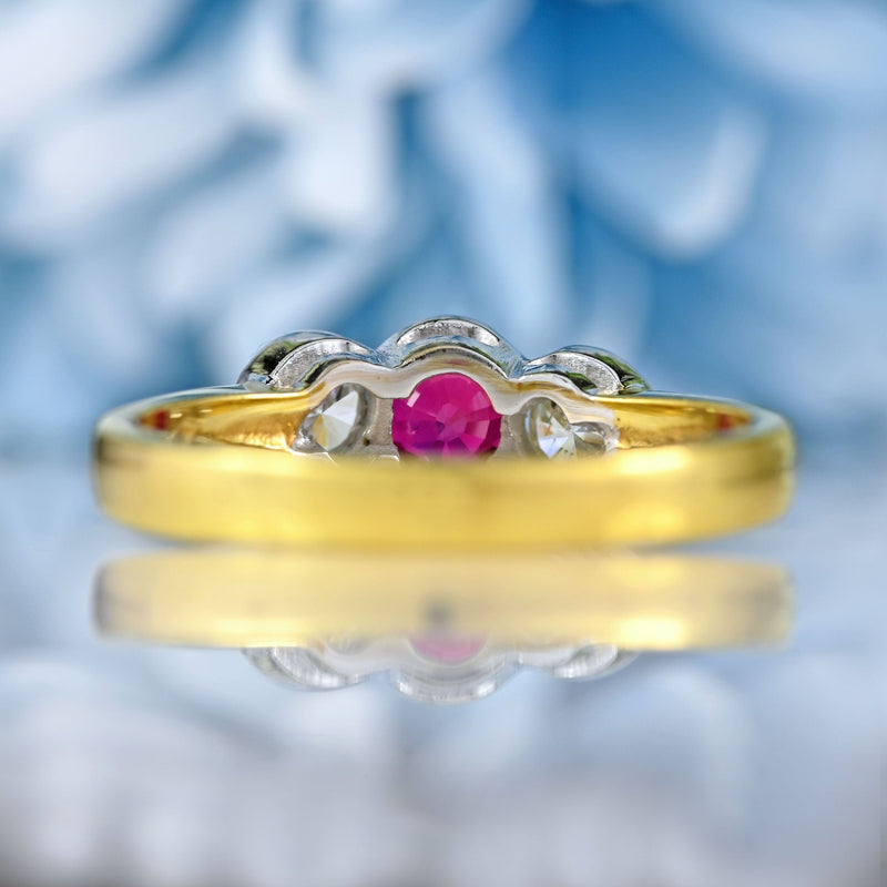 Ellibelle Jewellery Vintage Ruby & Diamond 18ct Gold Bezel-Set Three-Stone Engagement Ring
