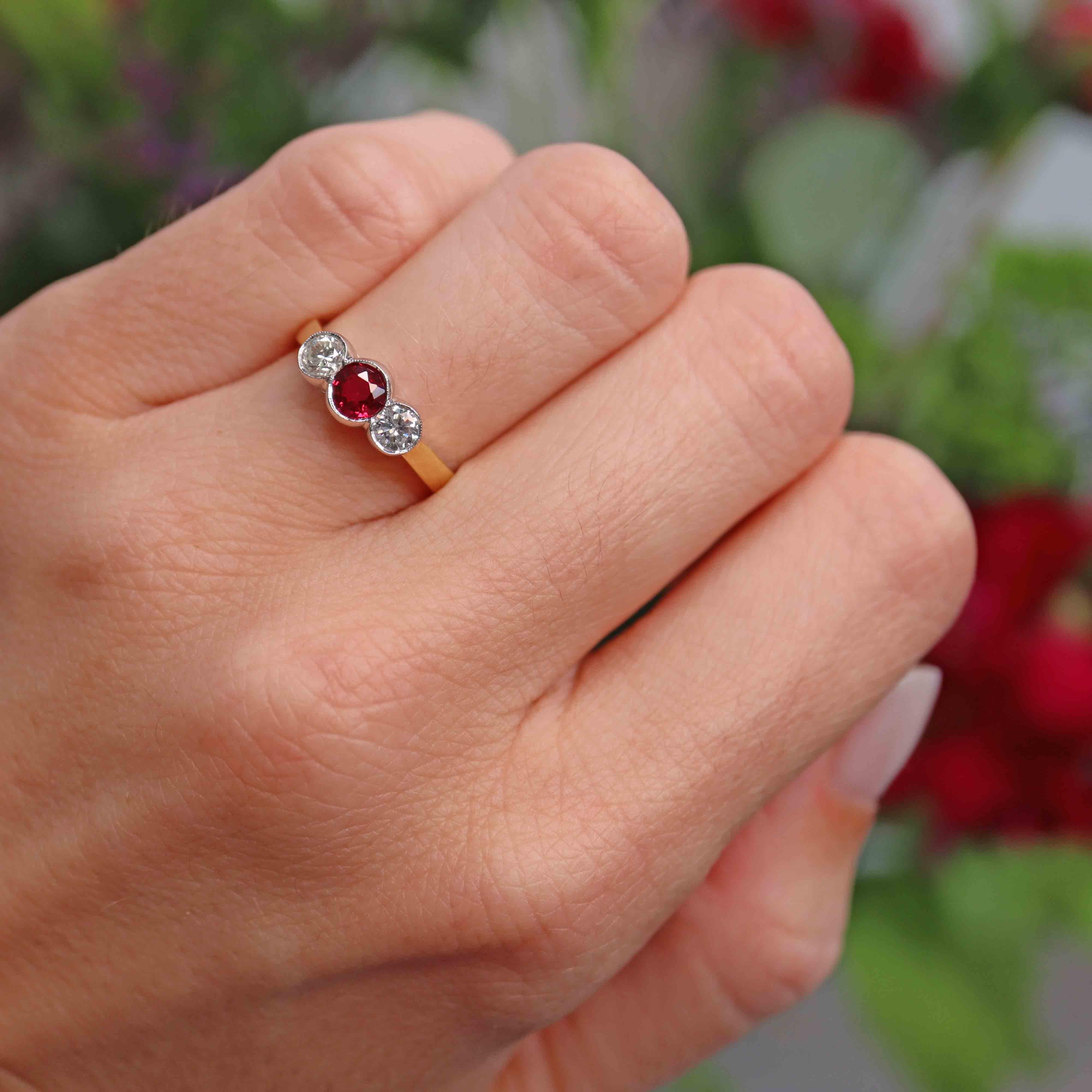 Ellibelle Jewellery Vintage Ruby & Diamond 18ct Gold Bezel-Set Three-Stone Engagement Ring