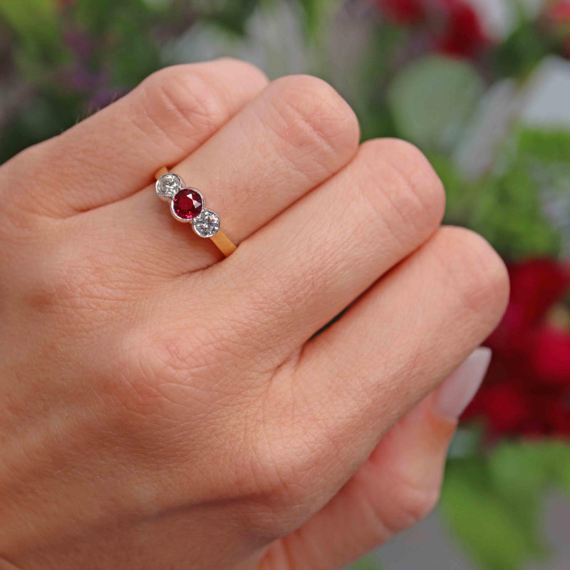 Ellibelle Jewellery Vintage Ruby & Diamond 18ct Gold Bezel-Set Three-Stone Engagement Ring